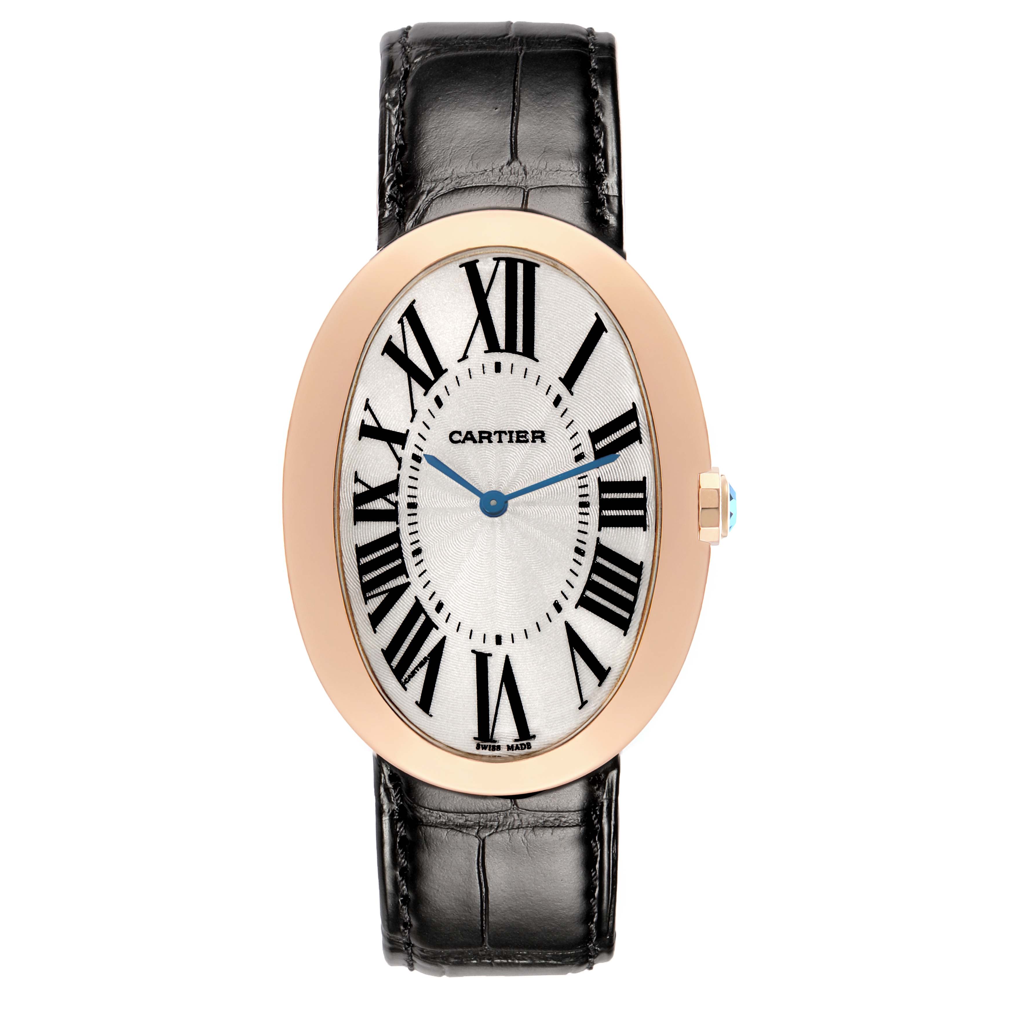 The Cartier Baignoire W852000002 Women
s Rose Gold Silver Dial watch is shown from a front angle, highlighting the oval case, Roman numerals, and black leather strap.