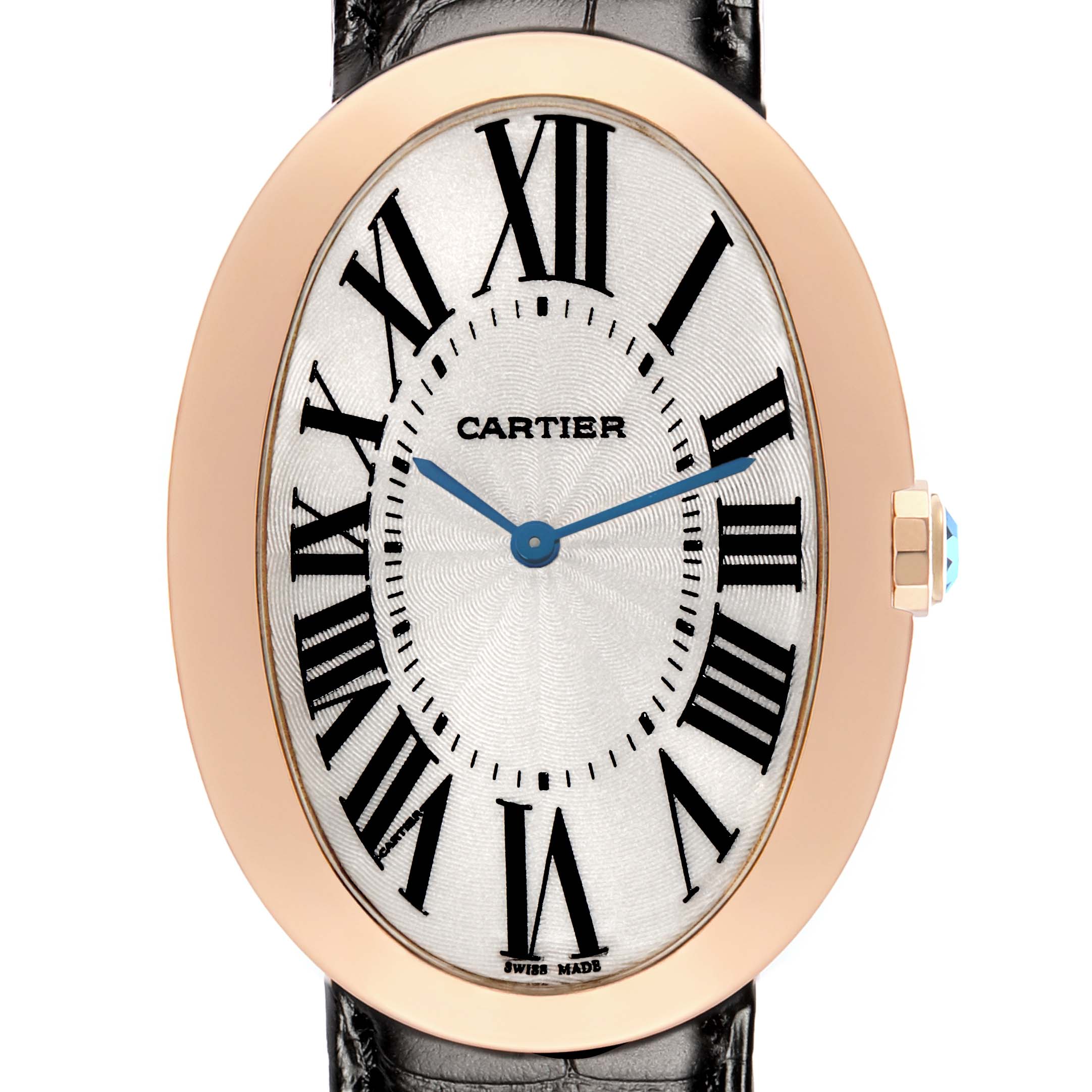 The Cartier Baignoire W852000002 Women
s Rose Gold Silver Dial watch is shown from a front angle, displaying the oval case, Roman numeral dial, blue hands, and crown detail.