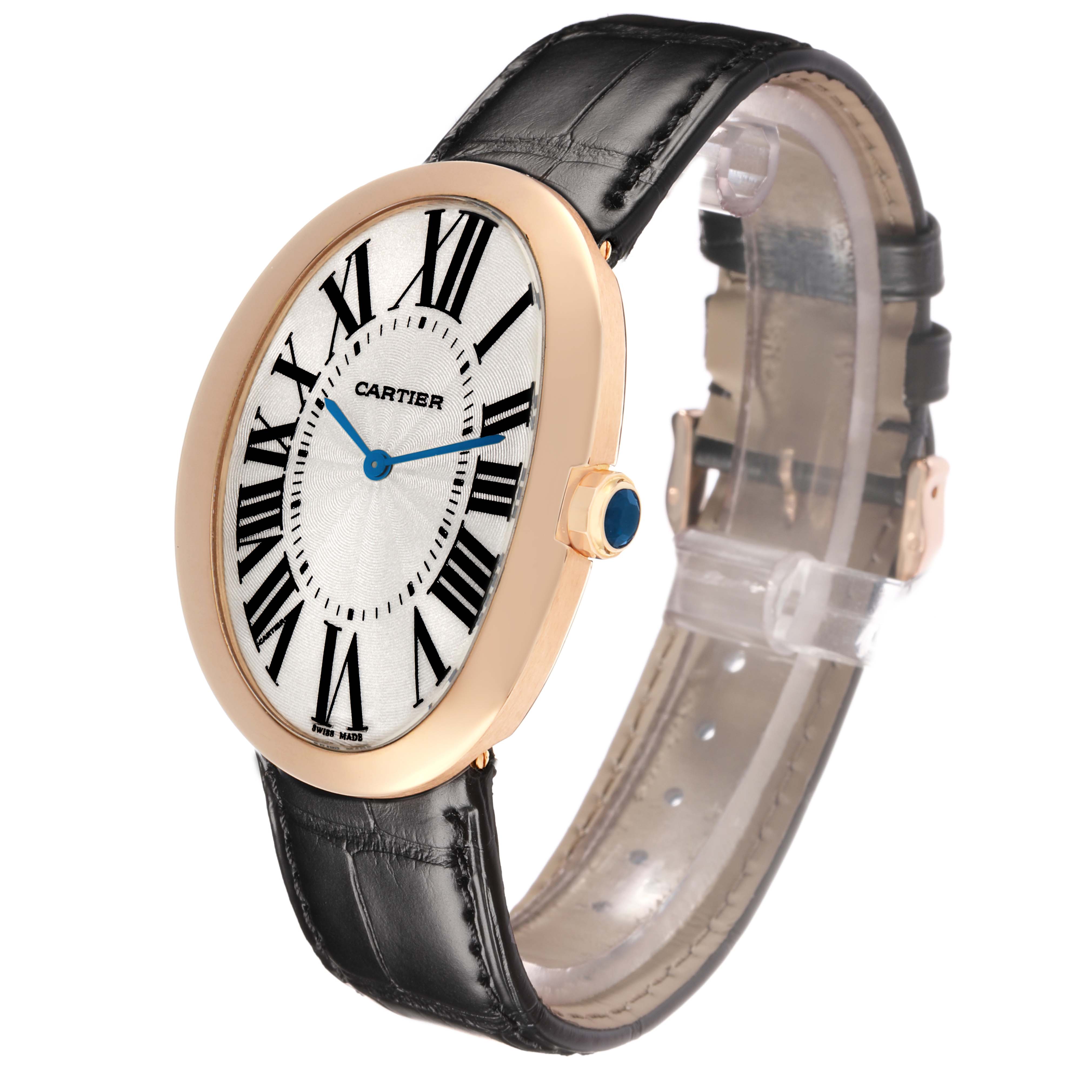 The Cartier Baignoire W852000002 Women
s Rose Gold Silver Dial watch is shown at a three-quarter angle, displaying the dial, Roman numerals, case, and leather strap.