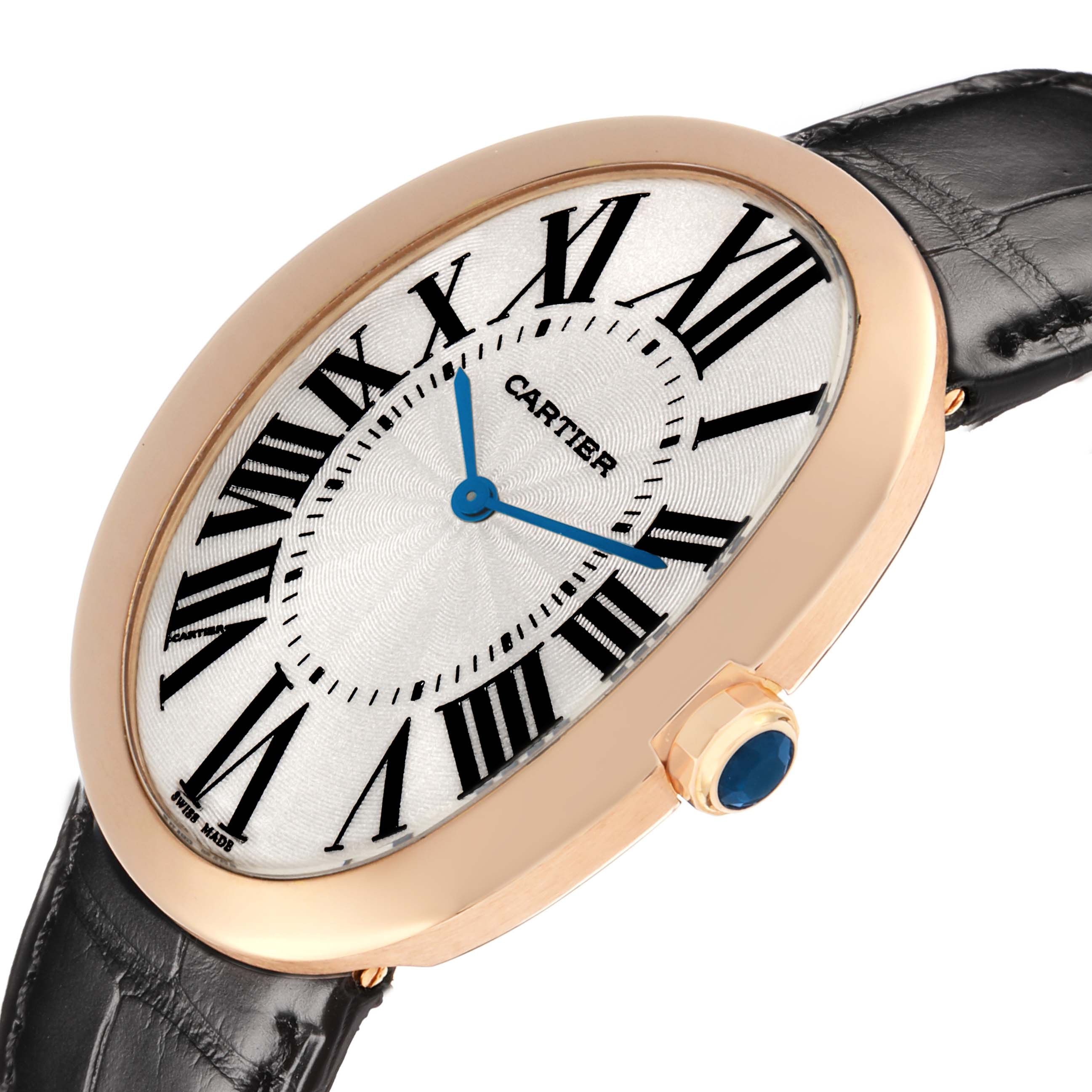The Cartier Baignoire W852000002 Women
s Rose Gold Silver Dial watch is shown at a tilted angle, highlighting its oval face, Roman numerals, and a side view of its crown.