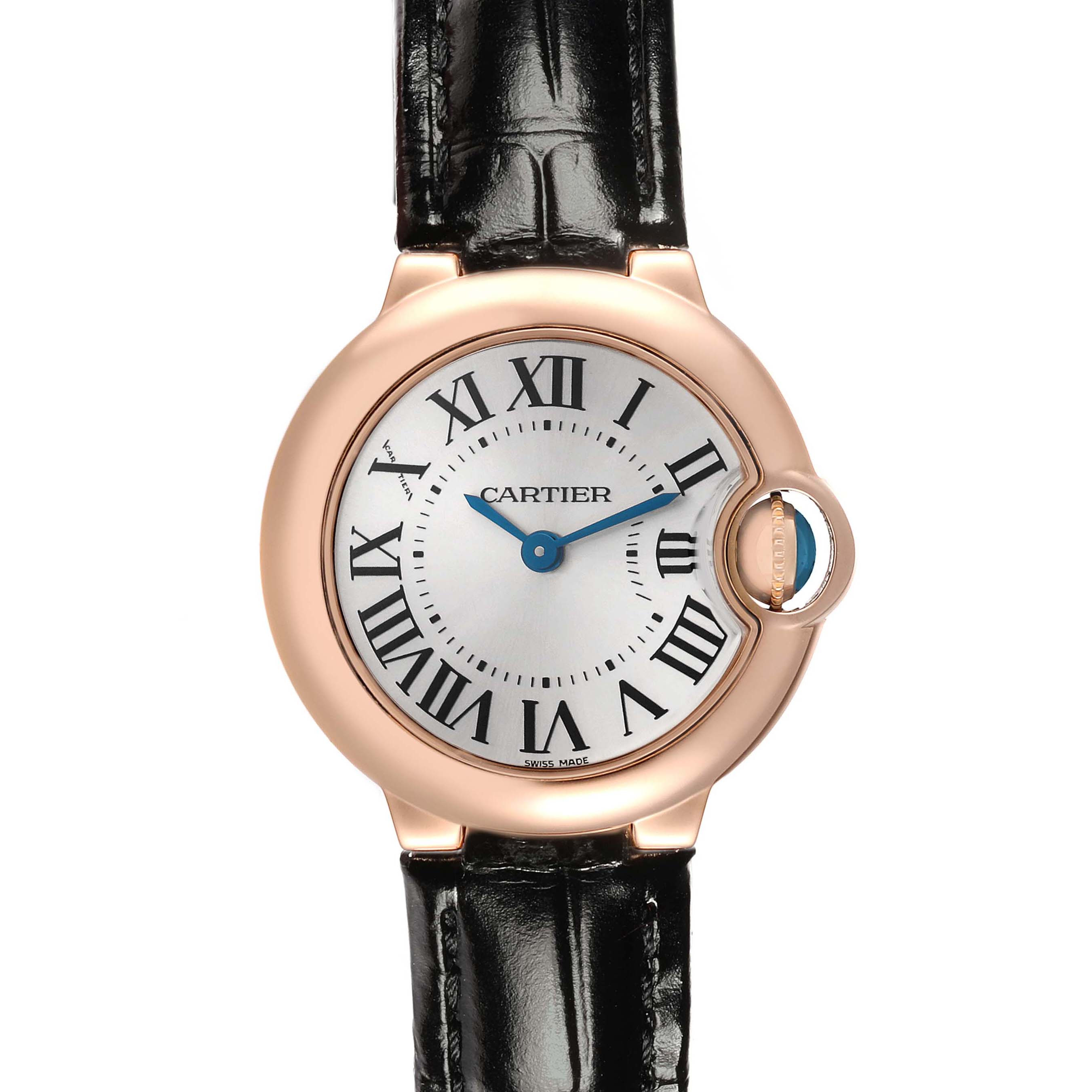 The Cartier Ballon Bleu W6900256 Women's Rose Gold Silver Dial watch is shown from a front angle, displaying its face, case, and part of the leather strap.