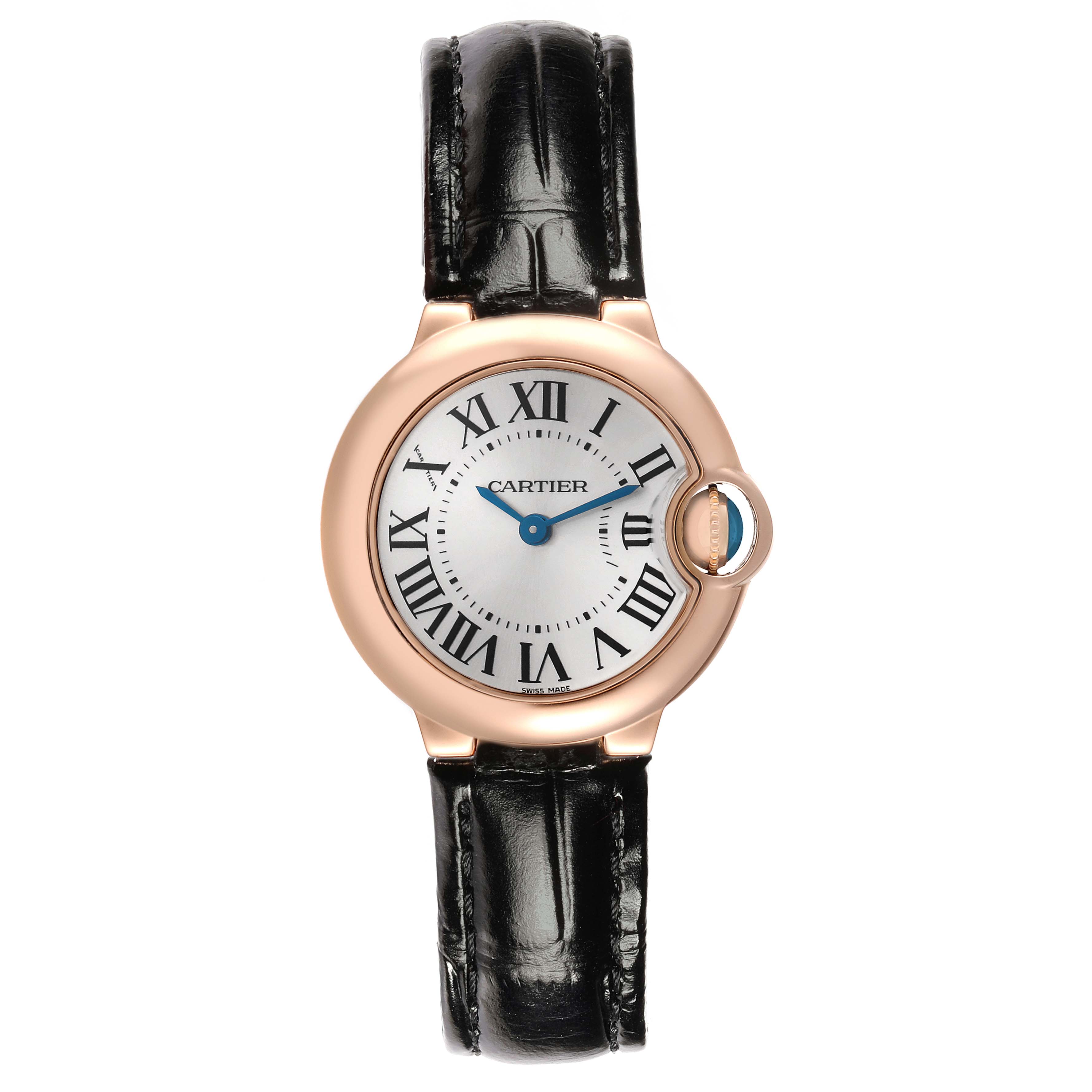 The Cartier Ballon Bleu W6900256 Women's Rose Gold Silver Dial watch is shown from a frontal angle highlighting the face, strap, and side crown.
