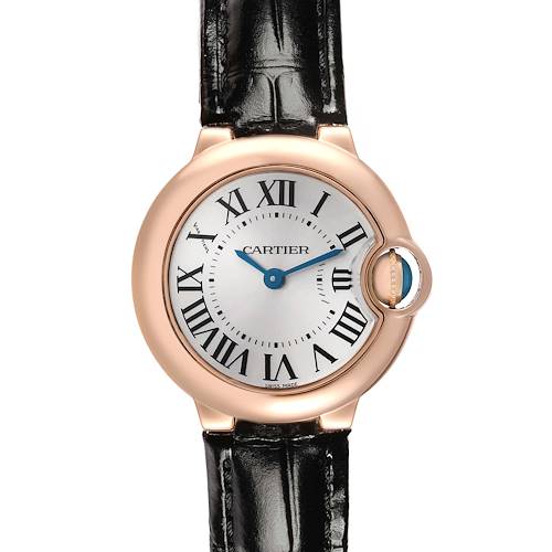 The Cartier Ballon Bleu W6900256 Women's Rose Gold Silver Dial watch is shown from a top view, highlighting its round case, Roman numeral dial, and blue hands.