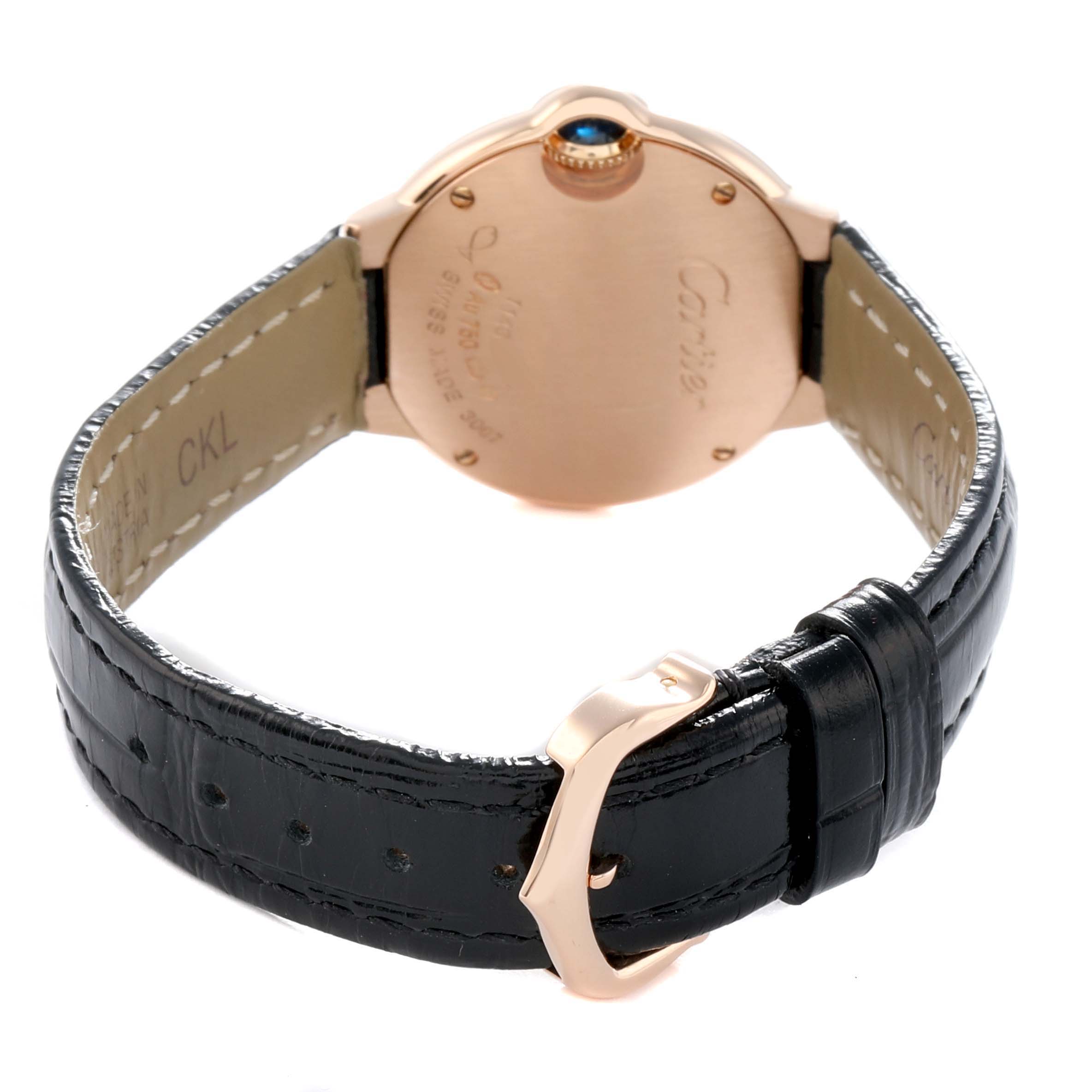 The image shows the back and side of the Ballon Bleu de Cartier watch, highlighting its strap, clasp, and case back.