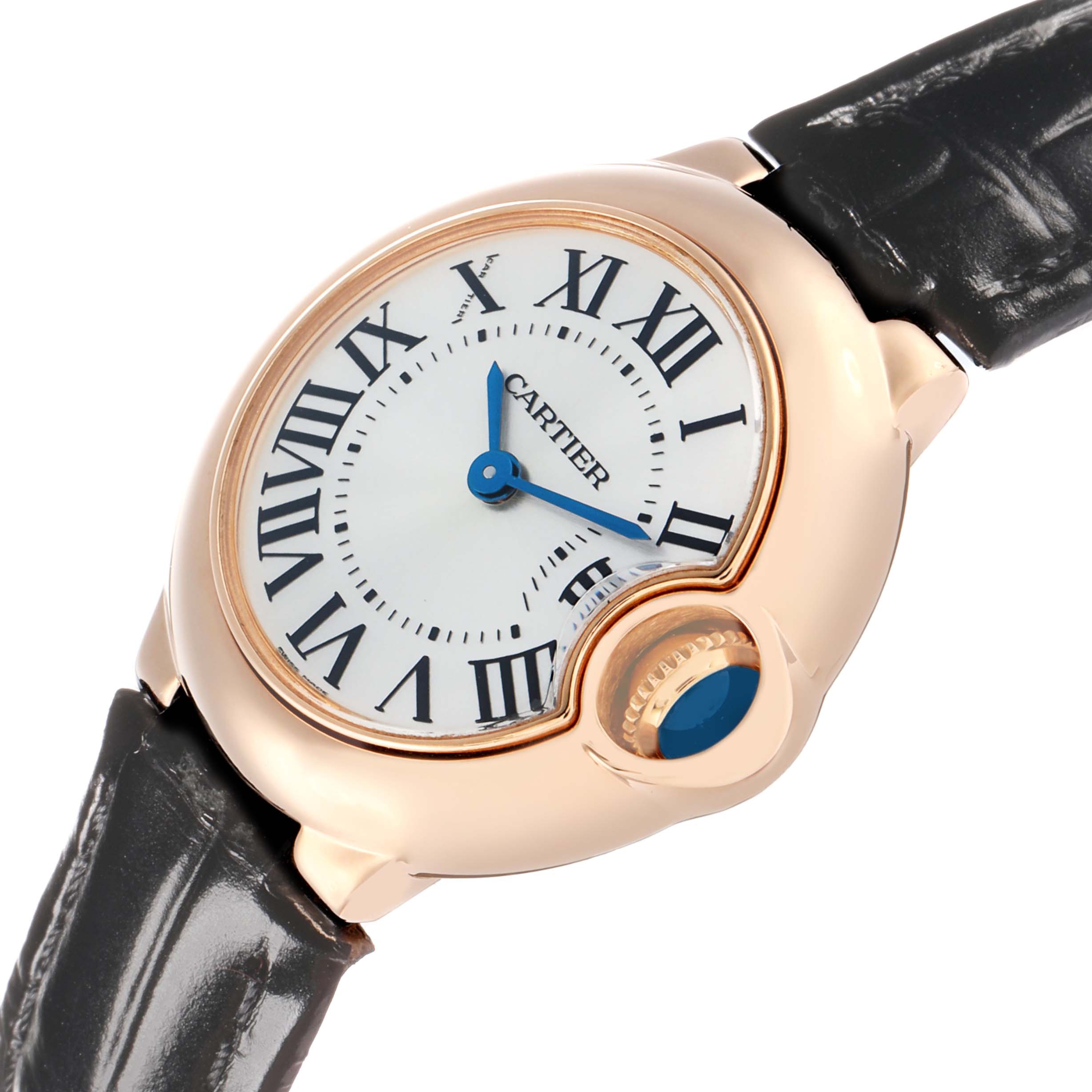 The Cartier Ballon Bleu W6900256 Women's Rose Gold Silver Dial watch is shown at a three-quarter angle, highlighting the dial, Roman numerals, and blue cabochon crown.