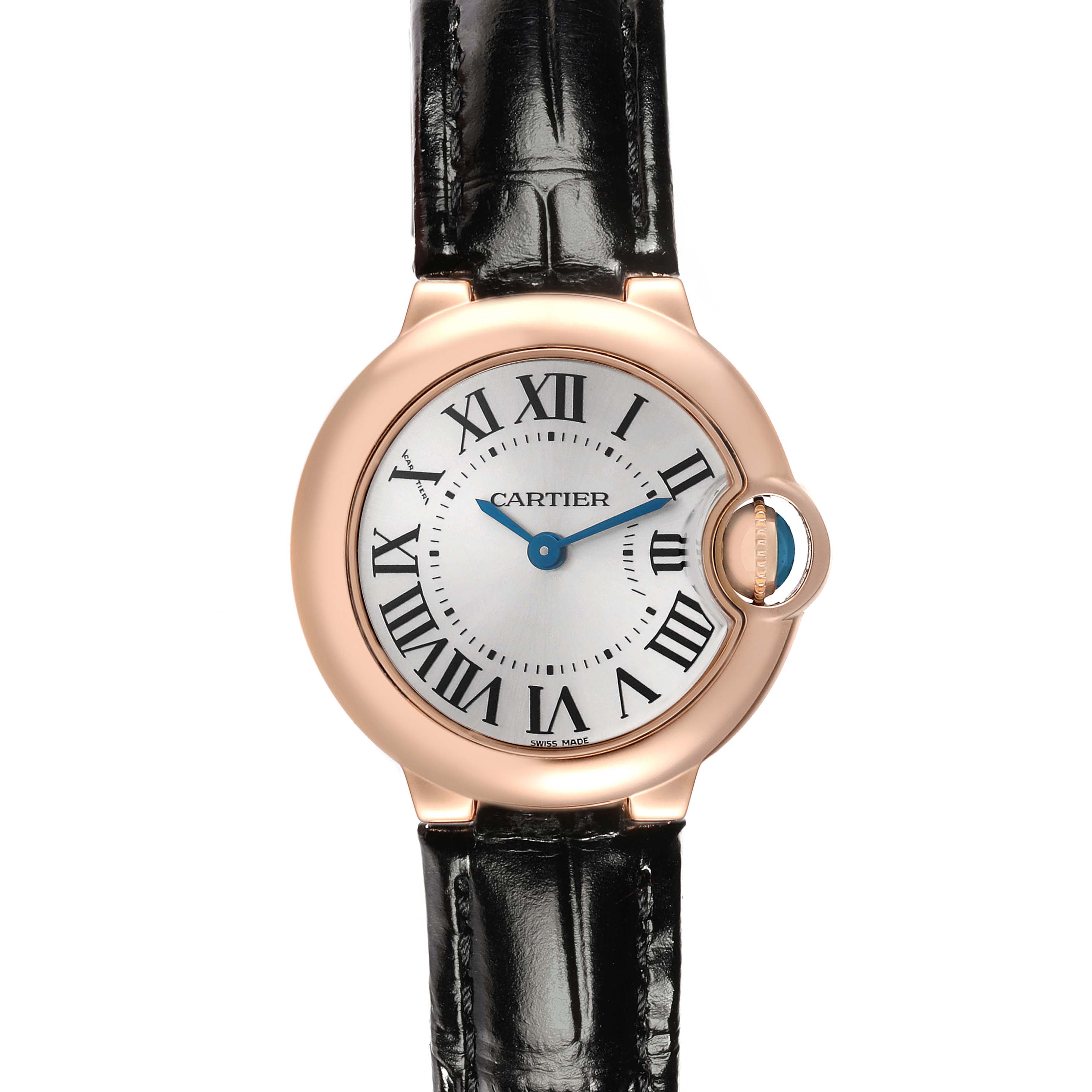 The Cartier Ballon Bleu W6900256 Women's Rose Gold Silver Dial watch is shown from the front, highlighting its round case, Roman numerals, blue hands, and black leather strap.