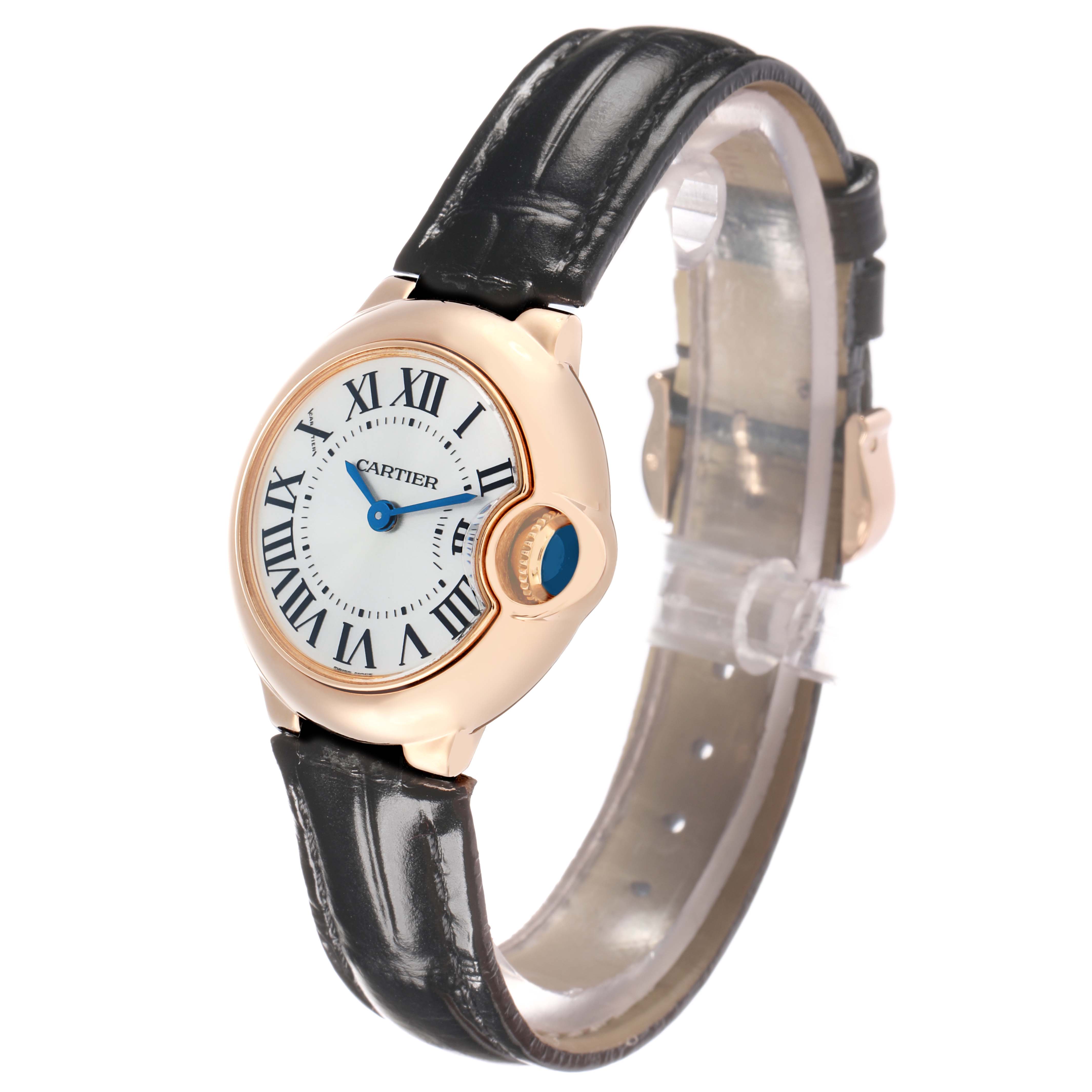The Cartier Ballon Bleu W6900256 Women's Rose Gold Silver Dial watch is shown at a side angle, highlighting its face, crown, and black leather strap.