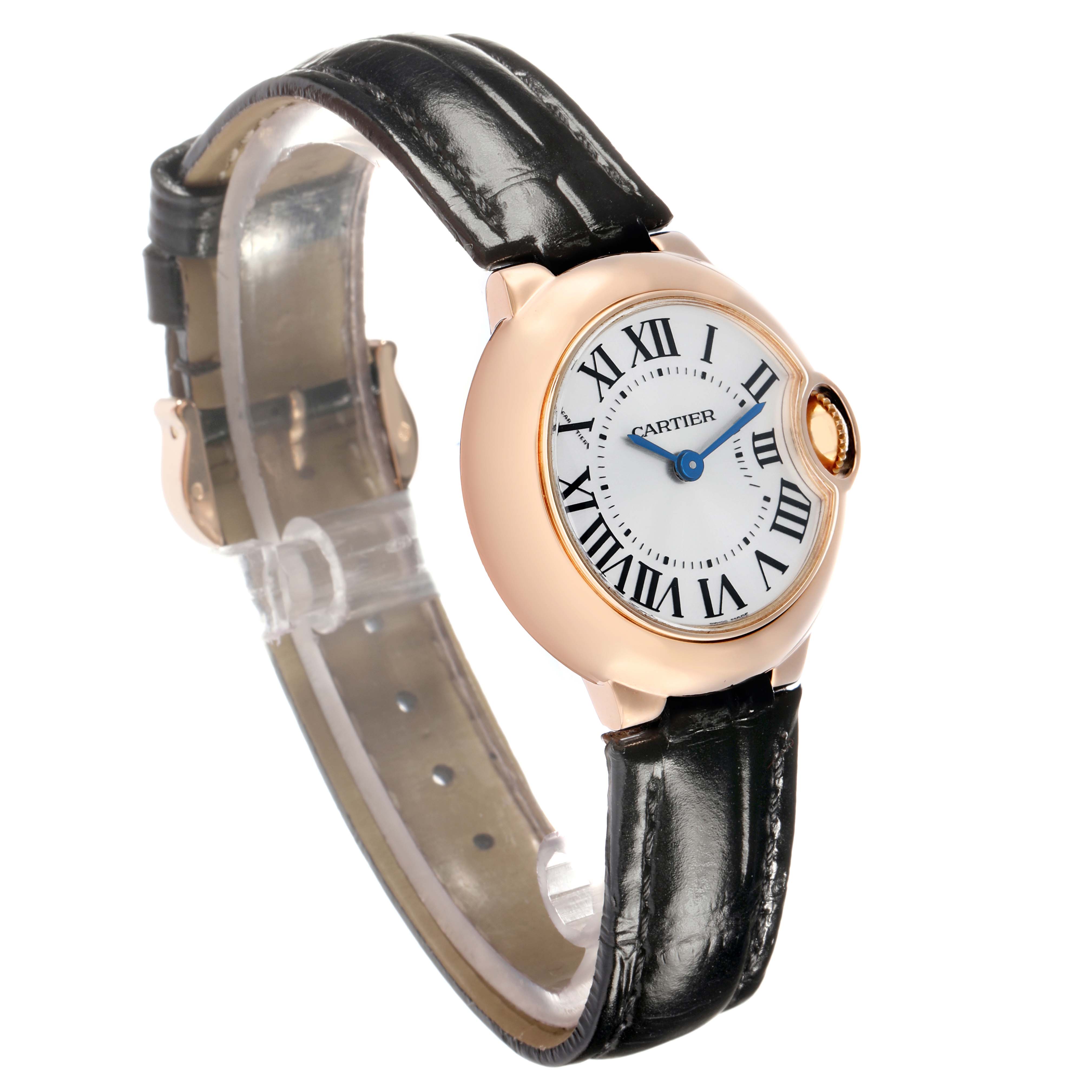 The Cartier Ballon Bleu W6900256 Women's Rose Gold Silver Dial watch is shown at an angled side view, highlighting its round case, Roman numeral dial, and leather strap.