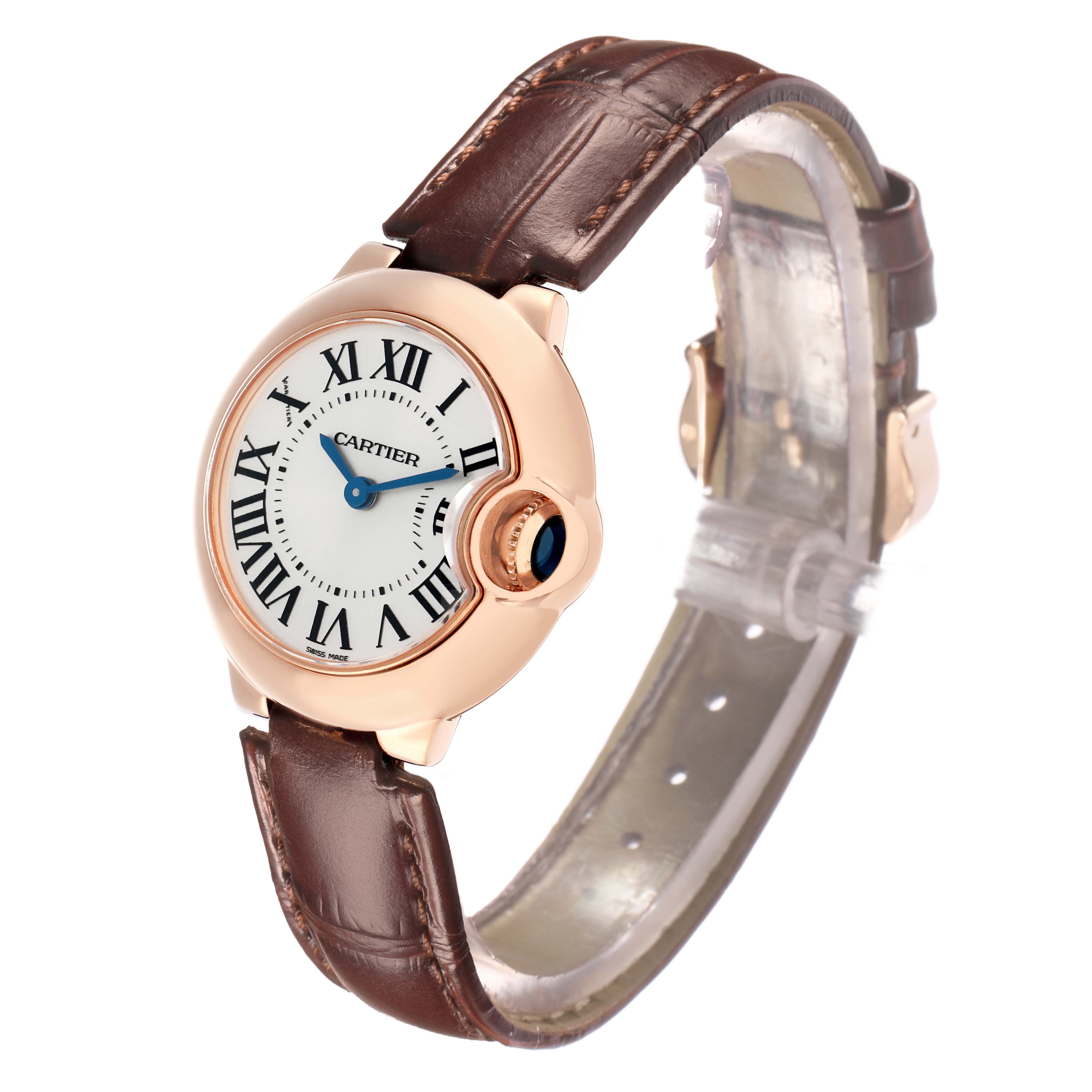 The Cartier Ballon Bleu W6900256 Women's Rose Gold Silver Dial watch is shown at an angled side view with a brown leather strap, displaying its Roman numeral face and crown.
