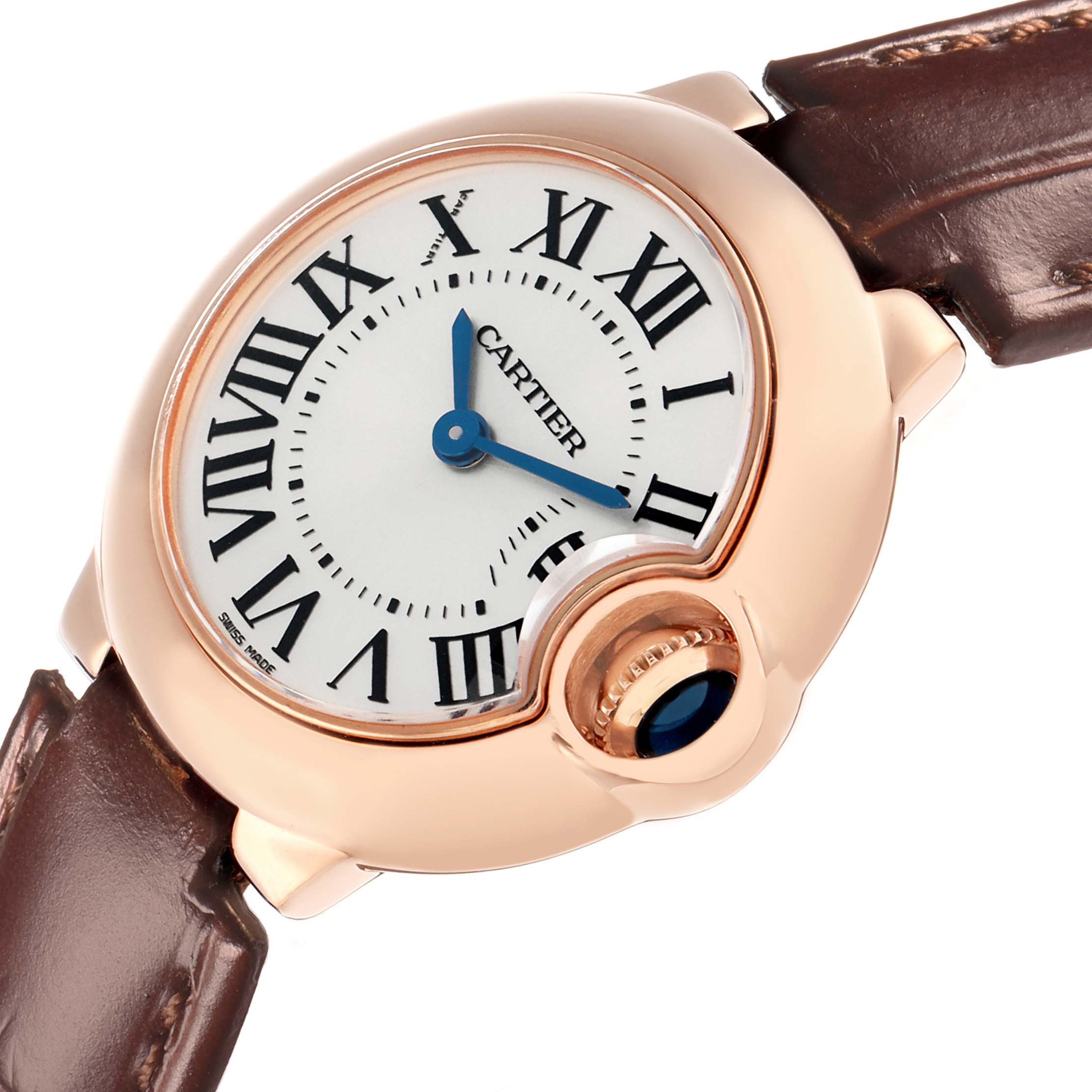 The Cartier Ballon Bleu W6900256 Women's Rose Gold Silver Dial watch is shown at an angled close-up, highlighting the crown, dial, and leather strap.