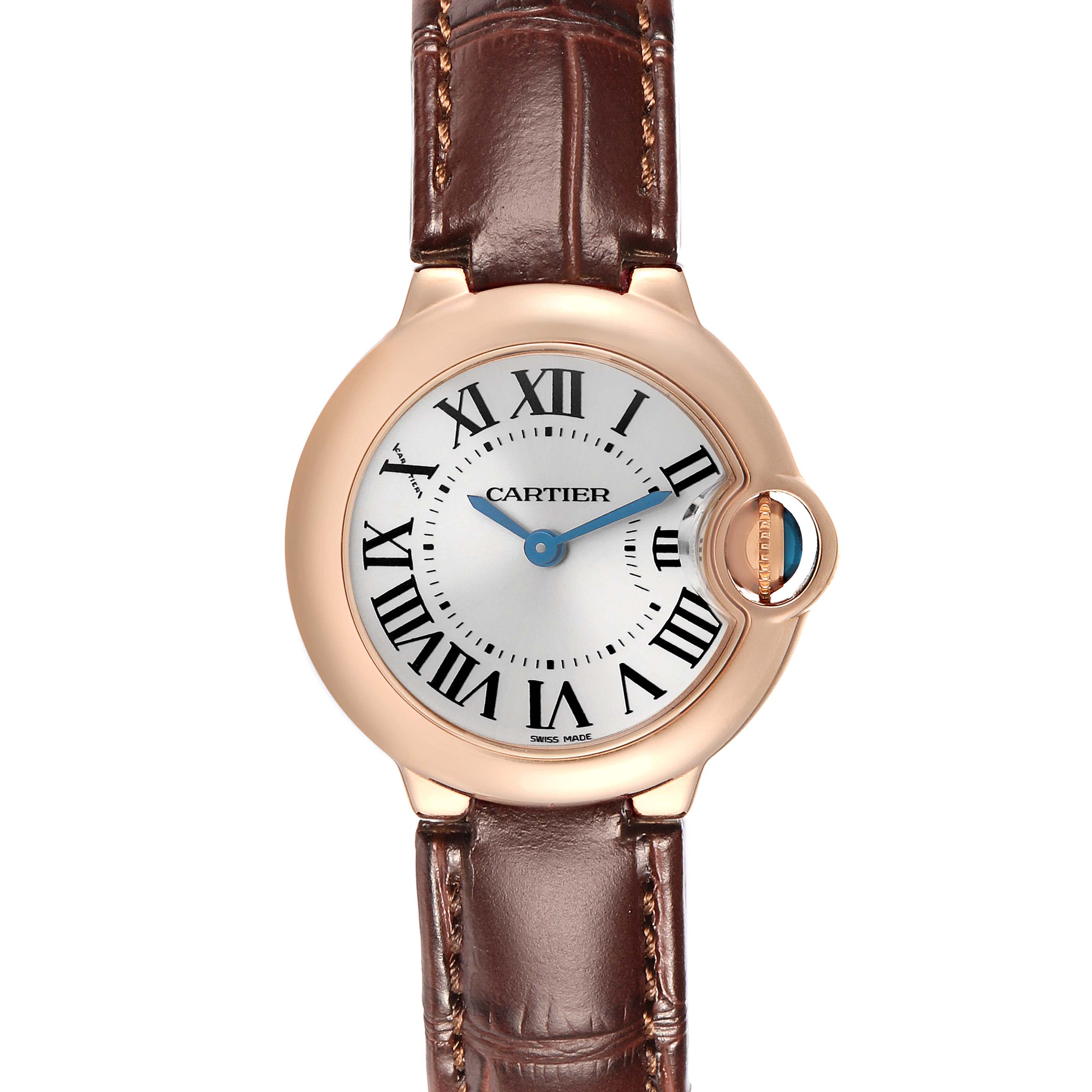 The Cartier Ballon Bleu W6900256 Women's Rose Gold Silver Dial watch is shown from the front, displaying the dial, crown, and brown leather strap.