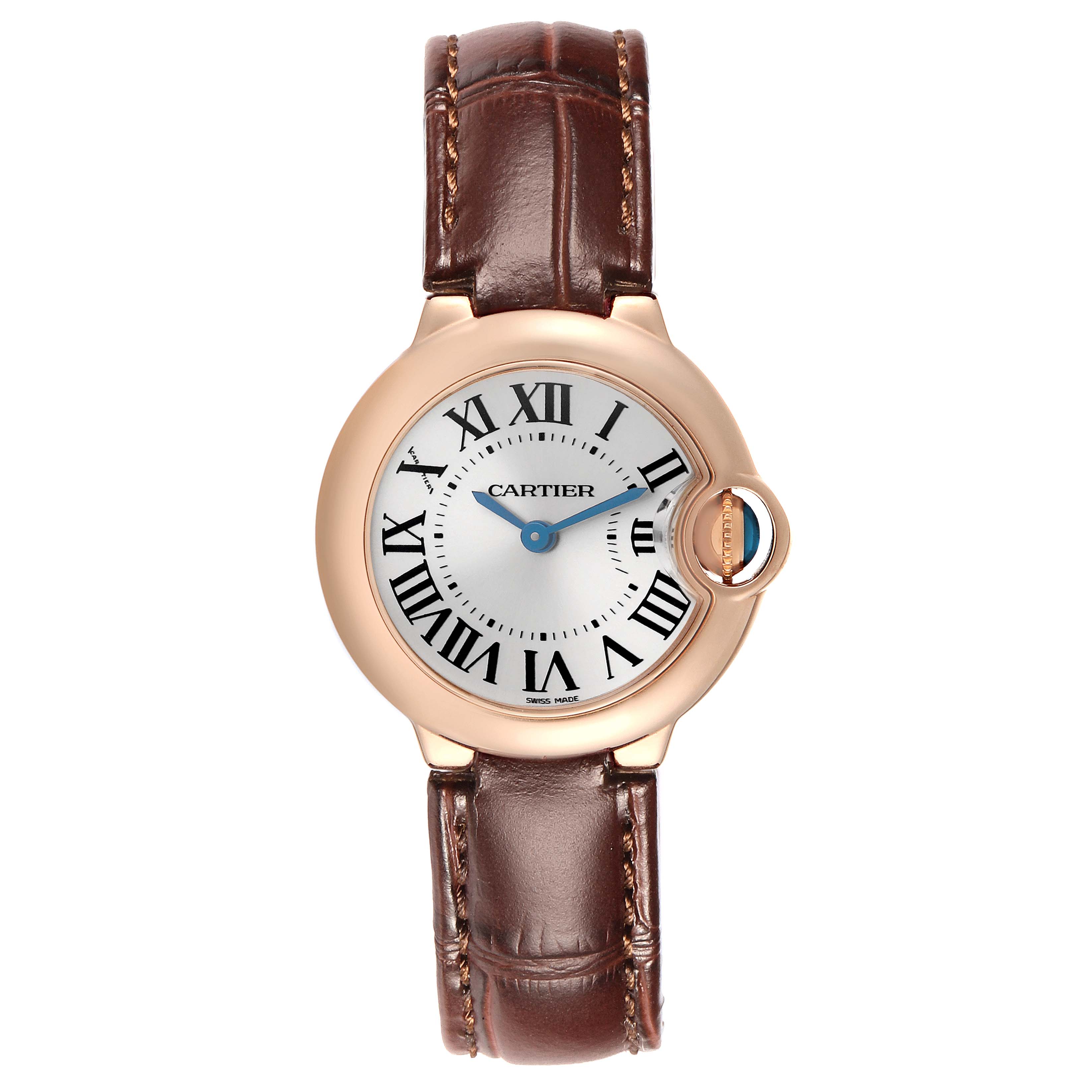 The Cartier Ballon Bleu W6900256 Women's Rose Gold Silver Dial watch is shown from a front view, displaying its face, case, and leather strap.