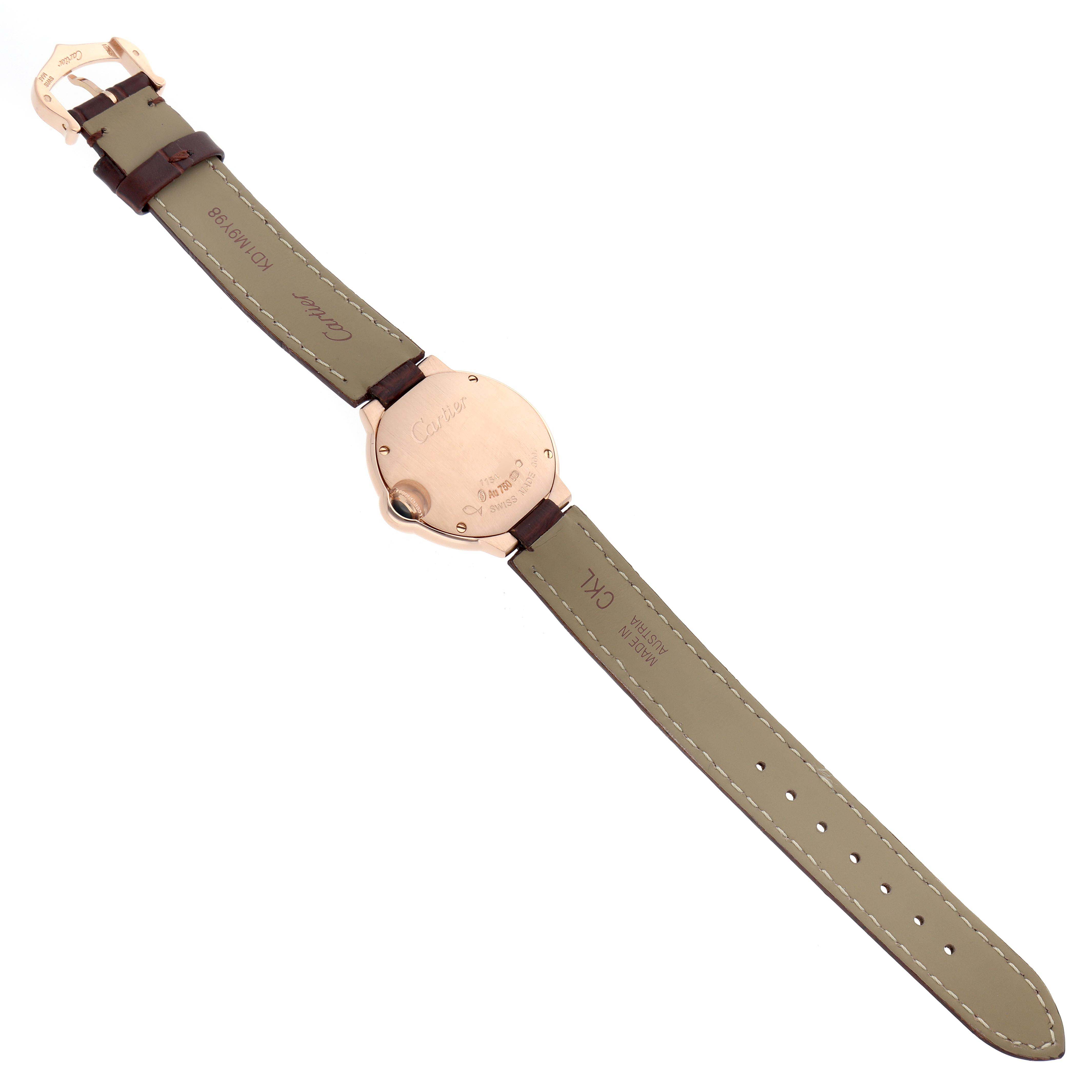 The image shows the back view of a Cartier Ballon Bleu W6900256 Women's Rose Gold Silver Dial watch, highlighting the case back and strap details.