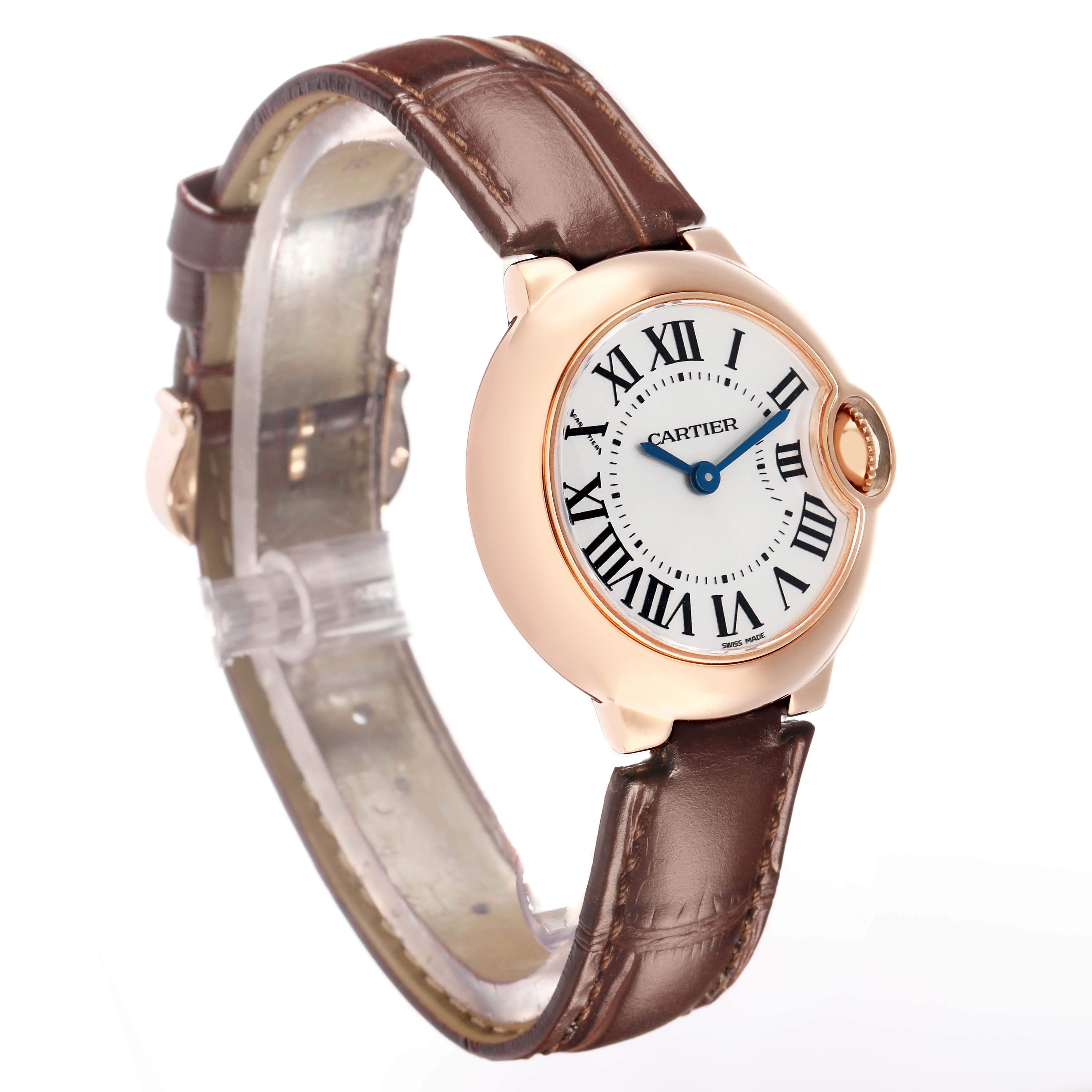 The Cartier Ballon Bleu W6900256 Women's Rose Gold Silver Dial watch is shown at an angle, displaying the face, crown, and leather strap.