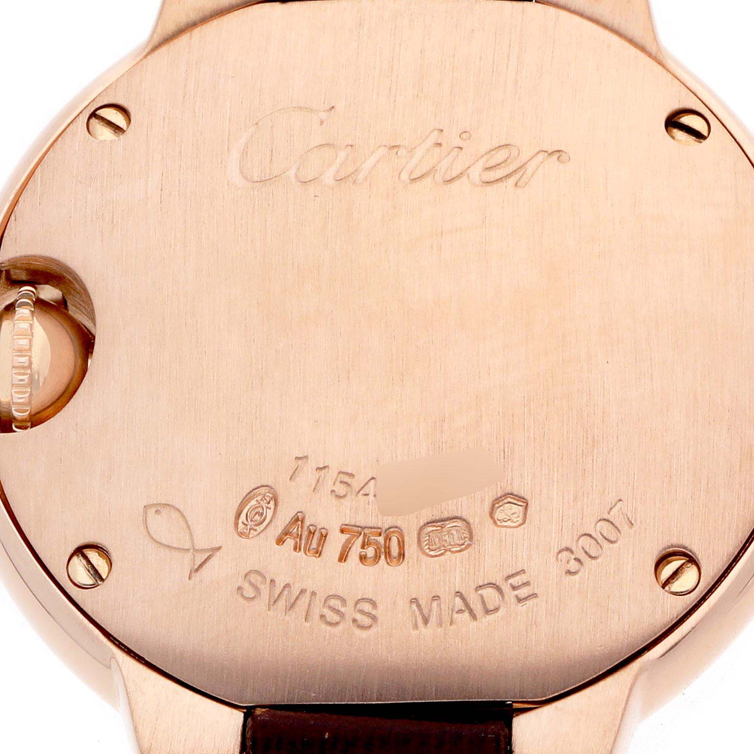 The image shows the back case of a Cartier Ballon Bleu W6900256 Women's Rose Gold Silver Dial watch, including engravings and hallmark details.