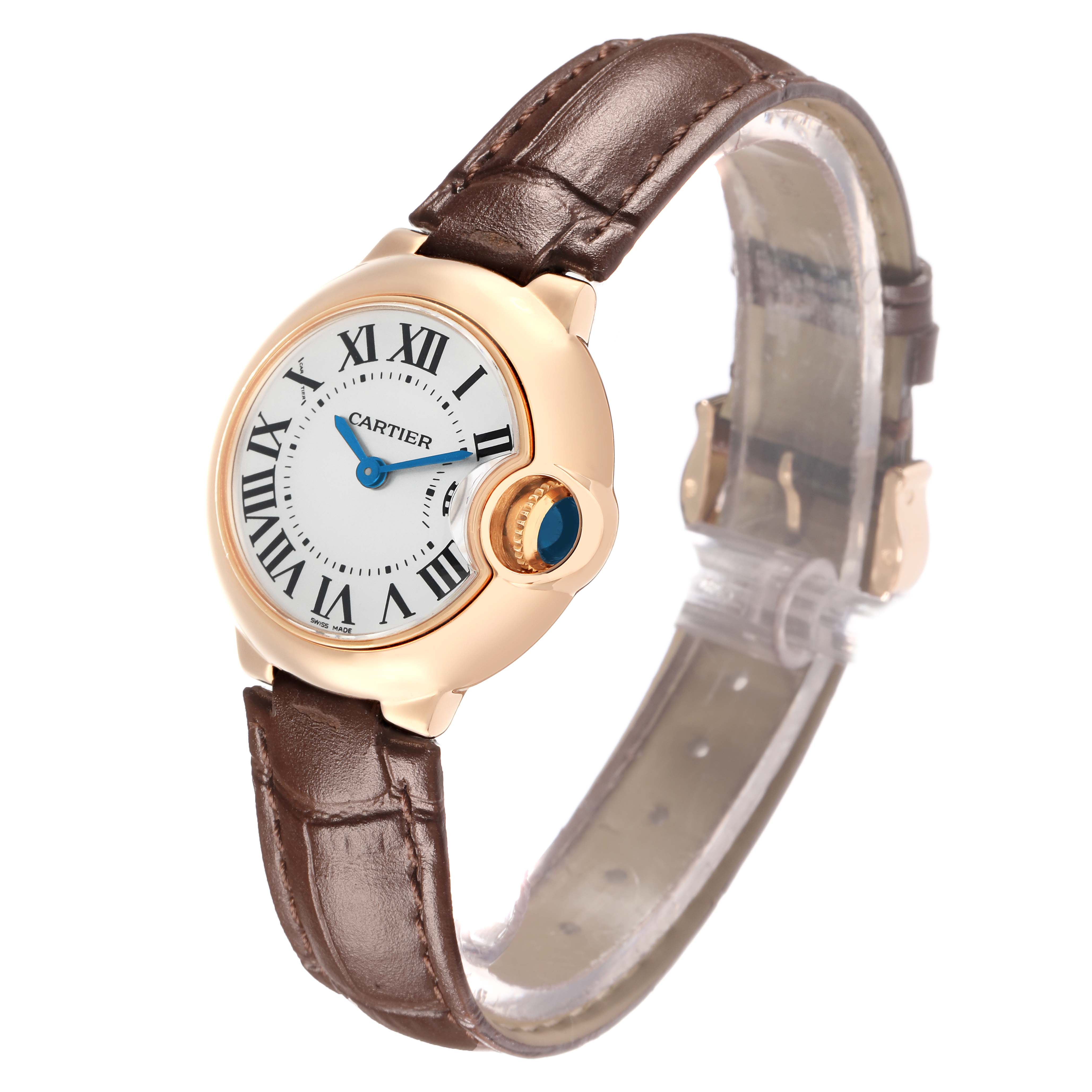 The Cartier Ballon Bleu W6900256 Women's Rose Gold Silver Dial watch is shown at a three-quarter angle, highlighting the dial, casing, crown, and leather strap.