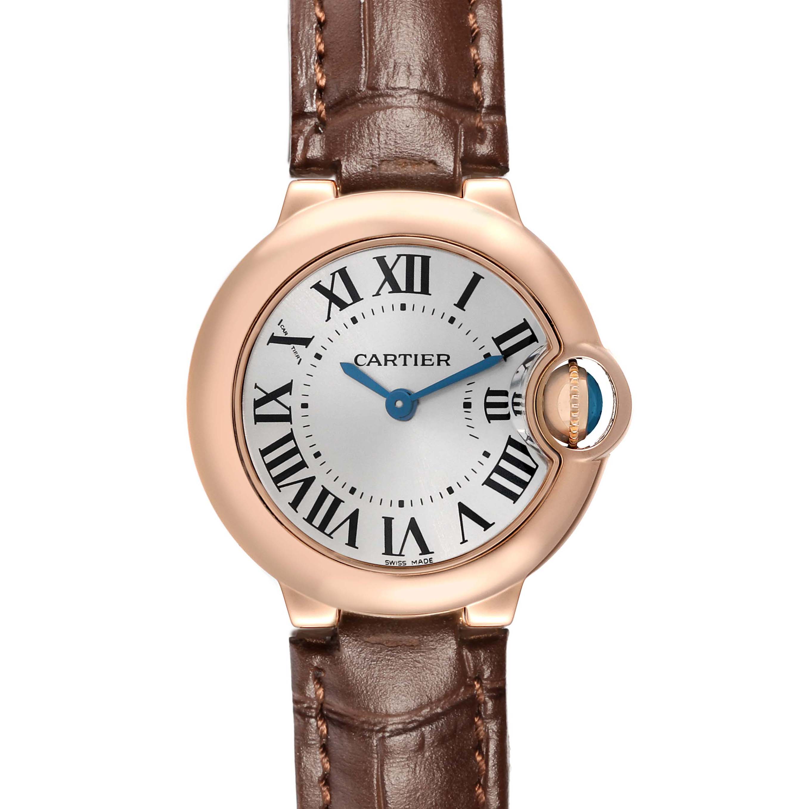 The Cartier Ballon Bleu W6900256 Women's Rose Gold Silver Dial watch is shown from a front angle, highlighting its round case, Roman numeral dial, and crown.