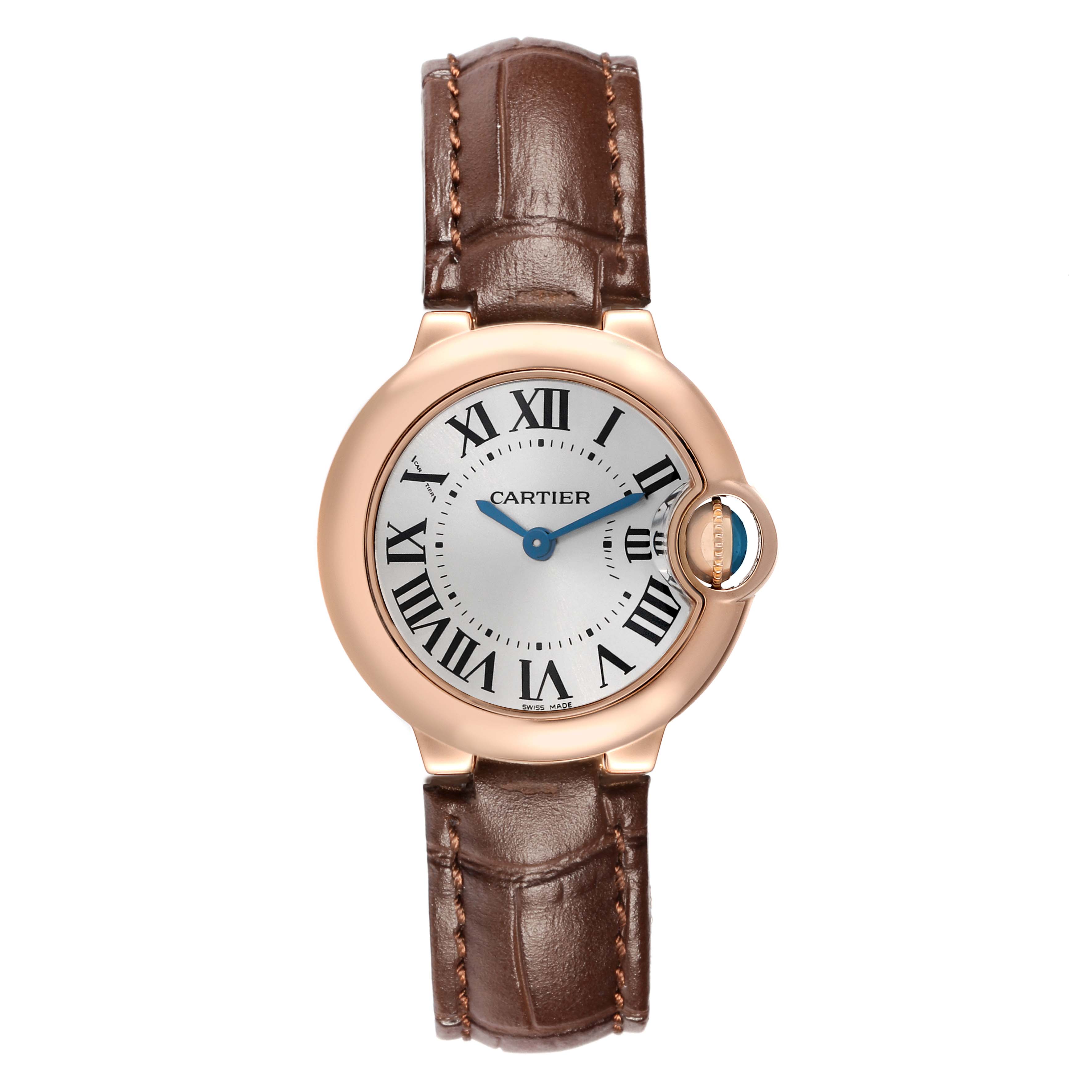 The Cartier Ballon Bleu W6900256 Women's Rose Gold Silver Dial watch is shown from the front, highlighting its round dial, Roman numerals, and brown leather strap.