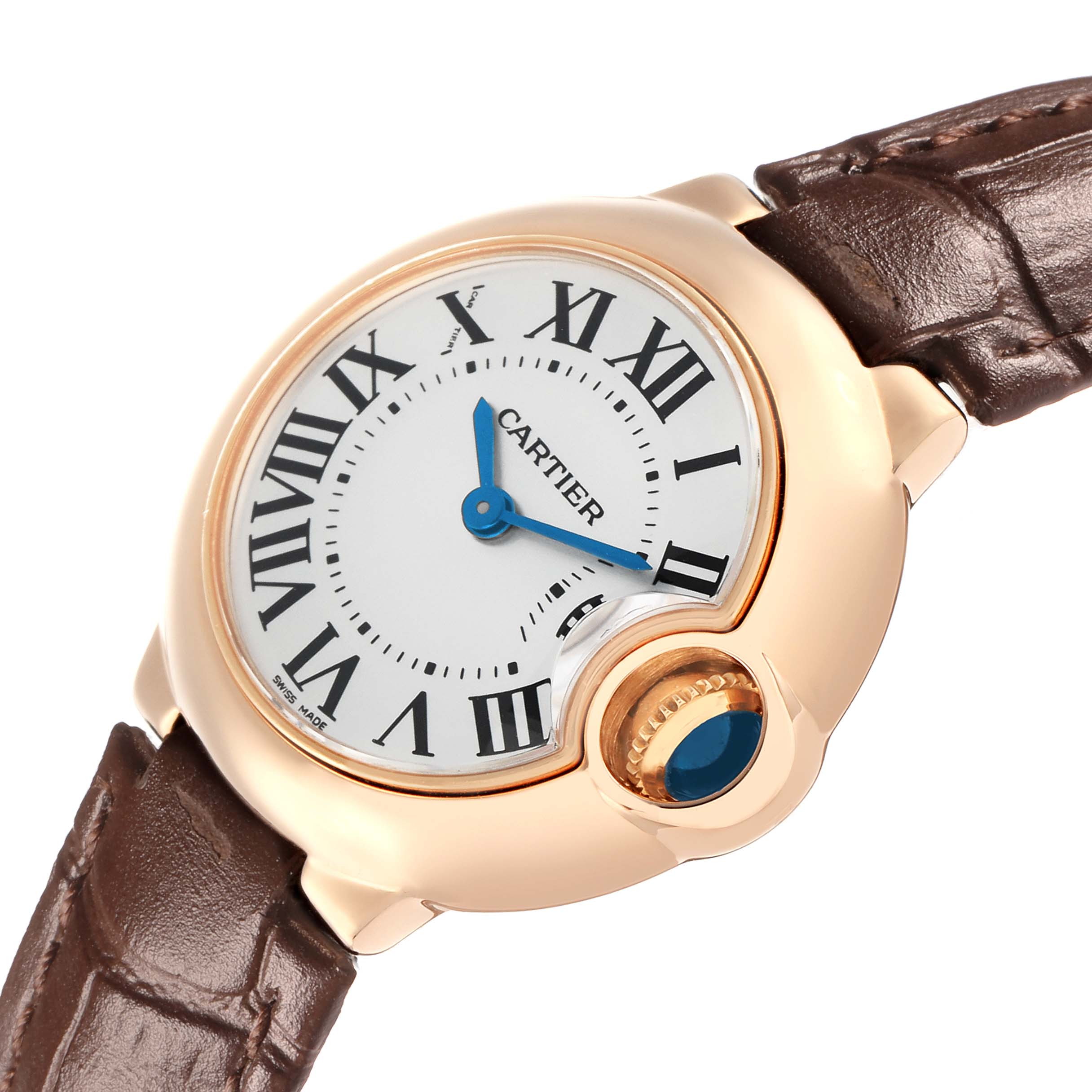The Cartier Ballon Bleu W6900256 Women's Rose Gold Silver Dial watch is shown at an angled view highlighting the face, Roman numerals, and crown with a leather strap.