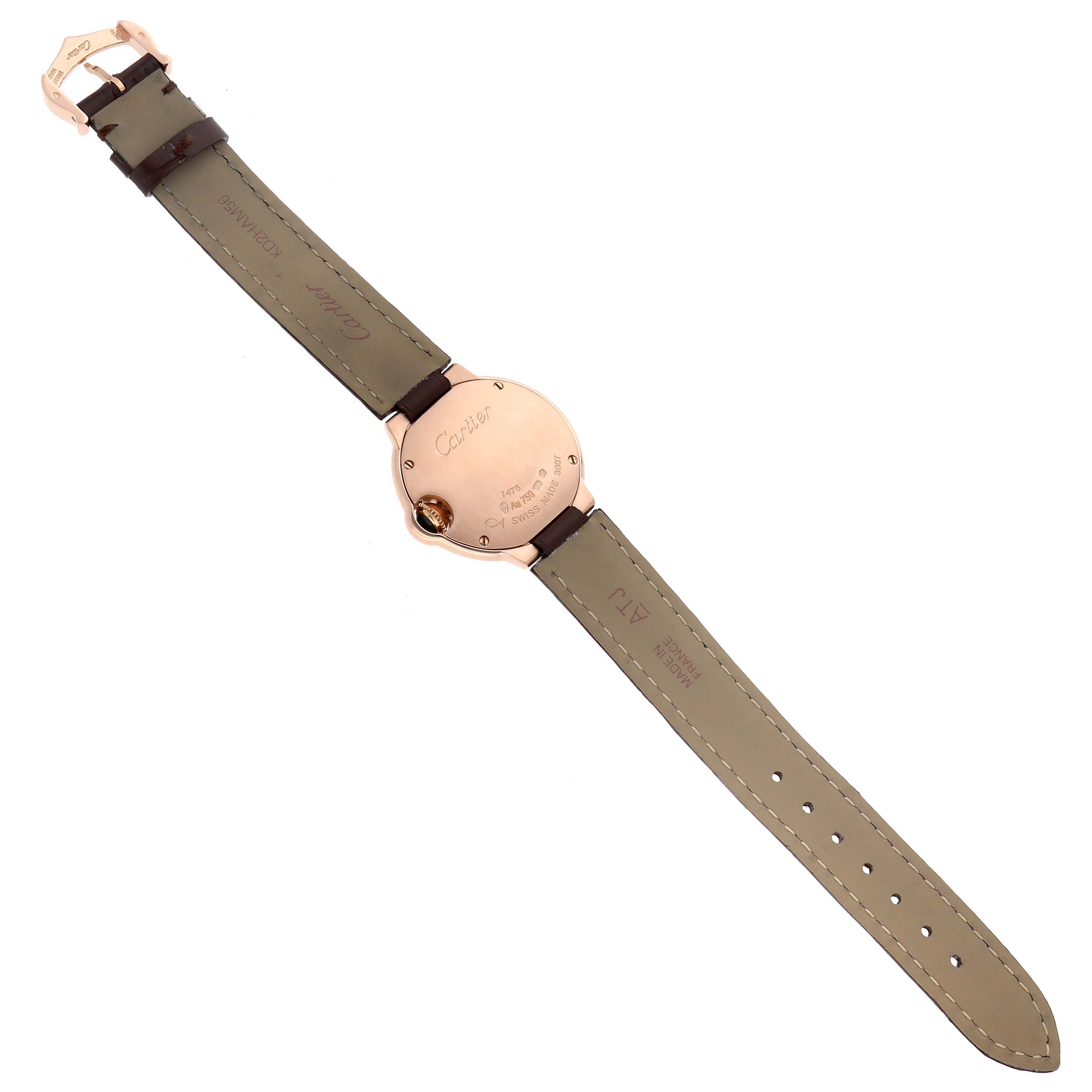 The image shows the back view of the Cartier Ballon Bleu W6900256 Women's Rose Gold Silver Dial watch, highlighting the case back and leather strap.