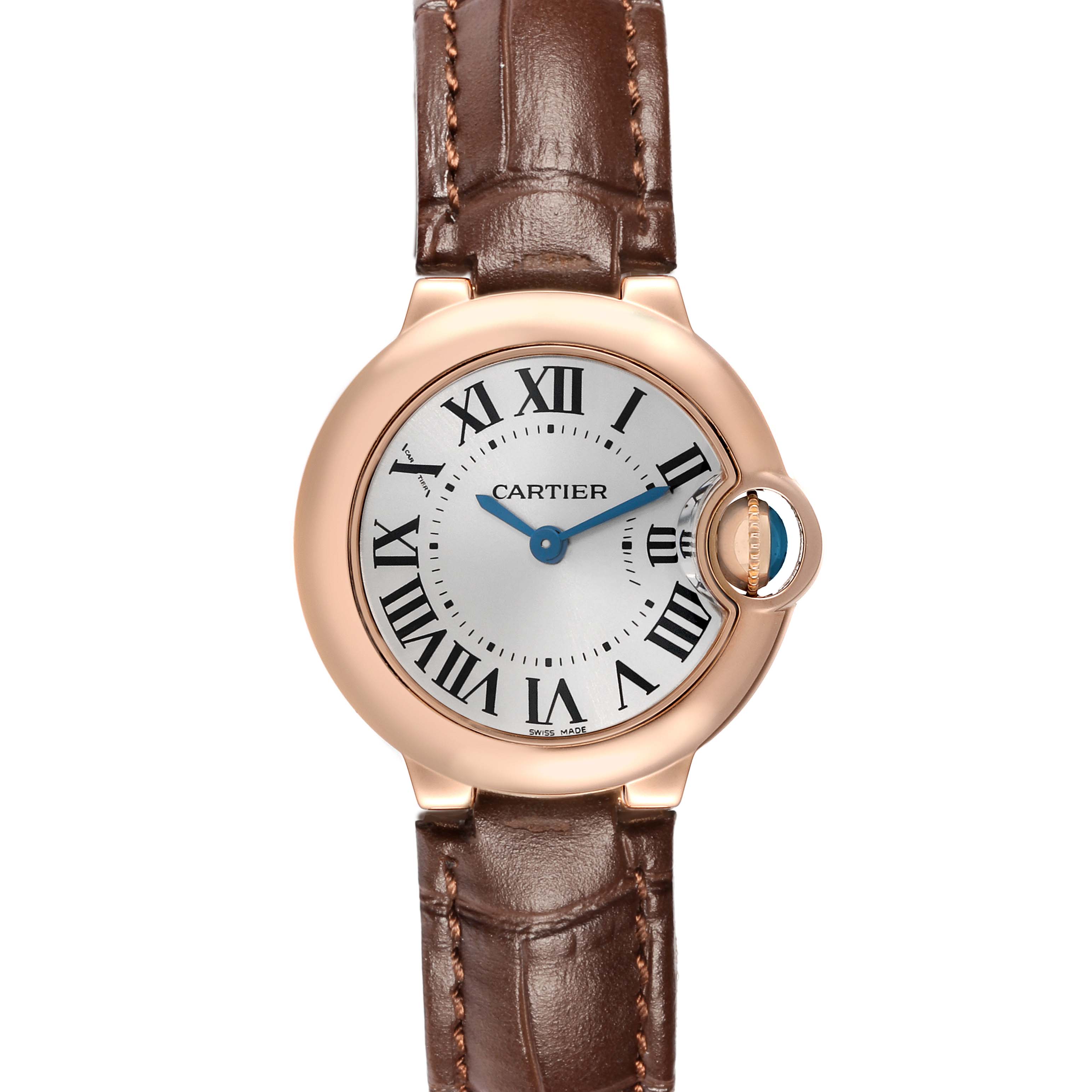 The Cartier Ballon Bleu W6900256 Women's Rose Gold Silver Dial watch is shown from the front, displaying its round face, Roman numerals, blue hands, and brown leather strap.
