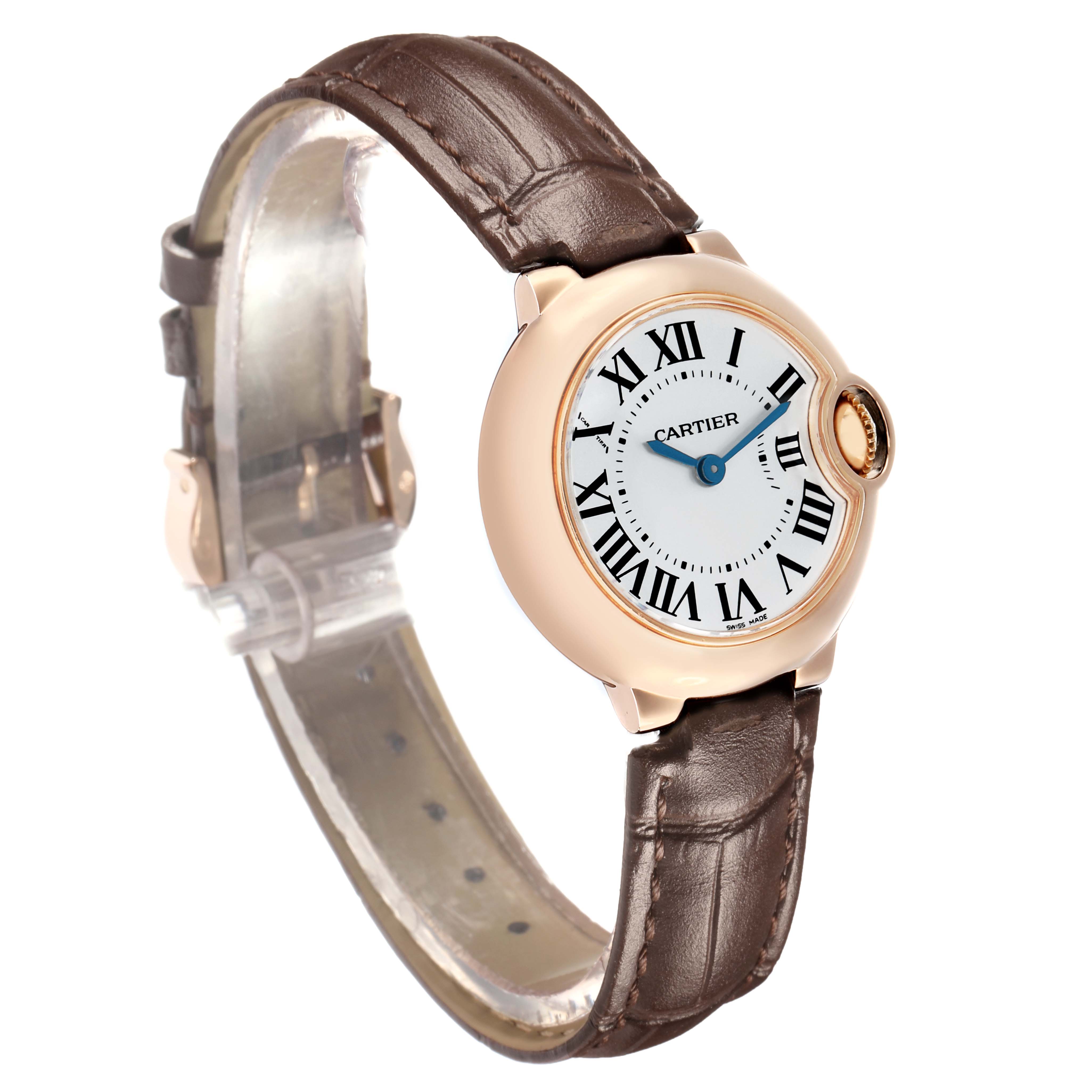 The Cartier Ballon Bleu W6900256 Women's Rose Gold Silver Dial watch is shown at a slight angle, highlighting its round face, Roman numerals, and leather strap.