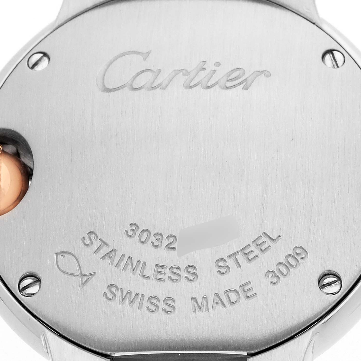 The image shows the back of a Cartier Ballon Bleu W6920034 Women's Steel and Gold (two tone) Mother of Pearl Dial watch, highlighting the stainless steel case and inscriptions.