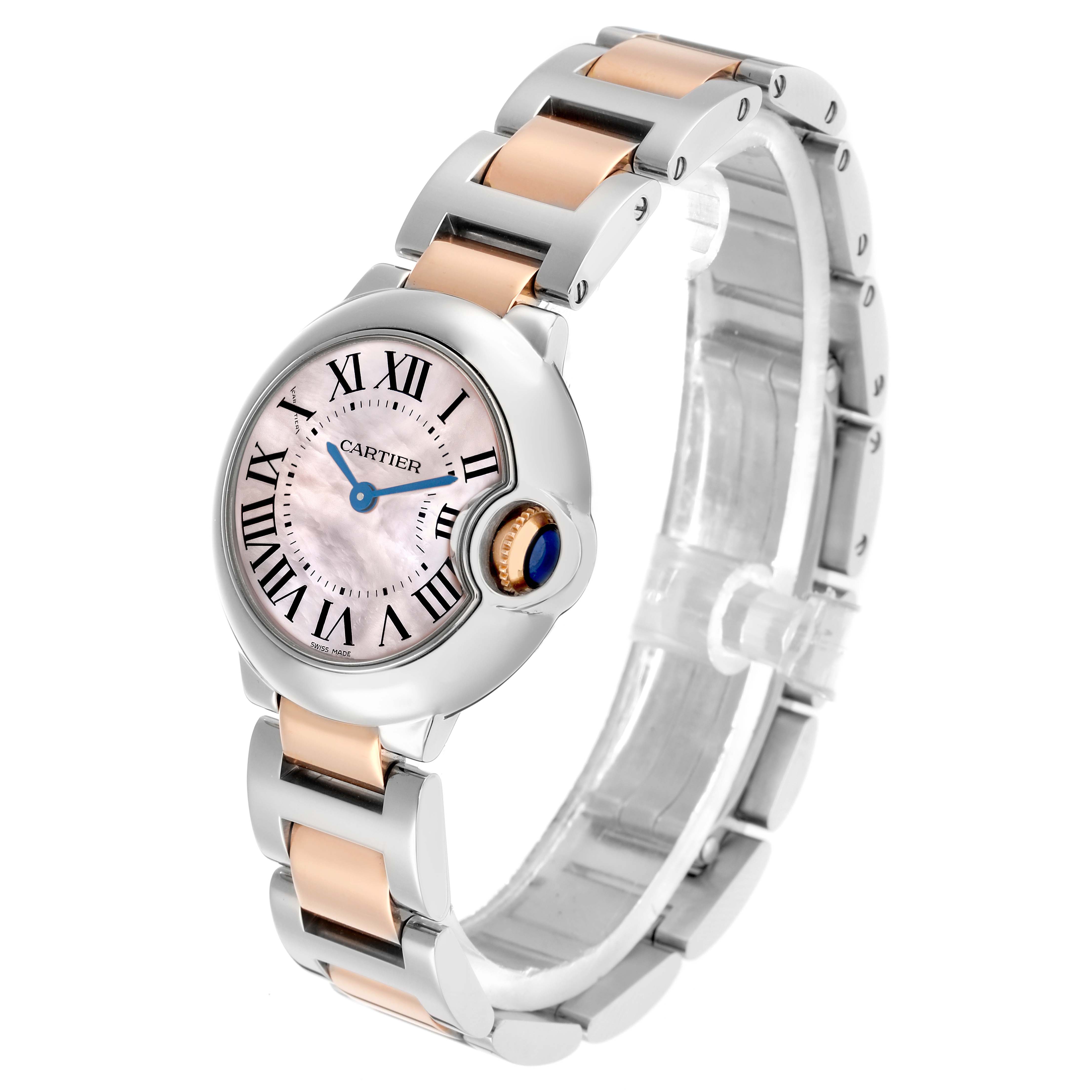 The Cartier Ballon Bleu W6920034 Women's Steel and Gold (two tone) Mother of Pearl Dial watch is shown at a three-quarter angle, highlighting its face, bezel, and two-tone bracelet.