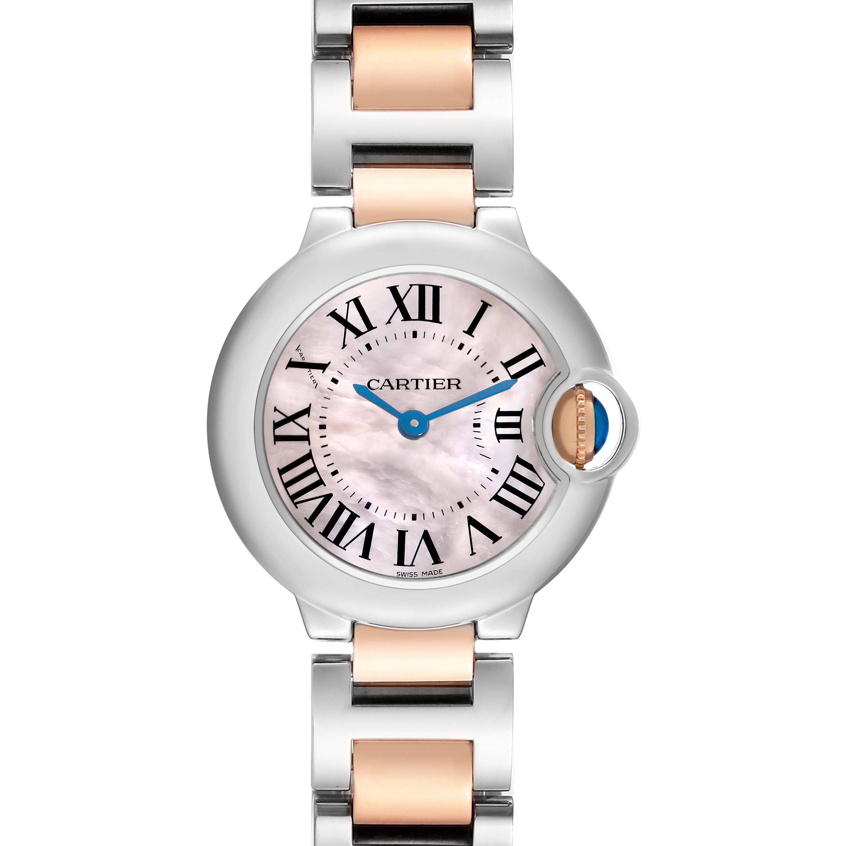 The Cartier Ballon Bleu W6920034 Women's Steel and Gold (two tone) Mother of Pearl Dial watch is shown from a top-down angle, highlighting its dial, case, and part of the bracelet.