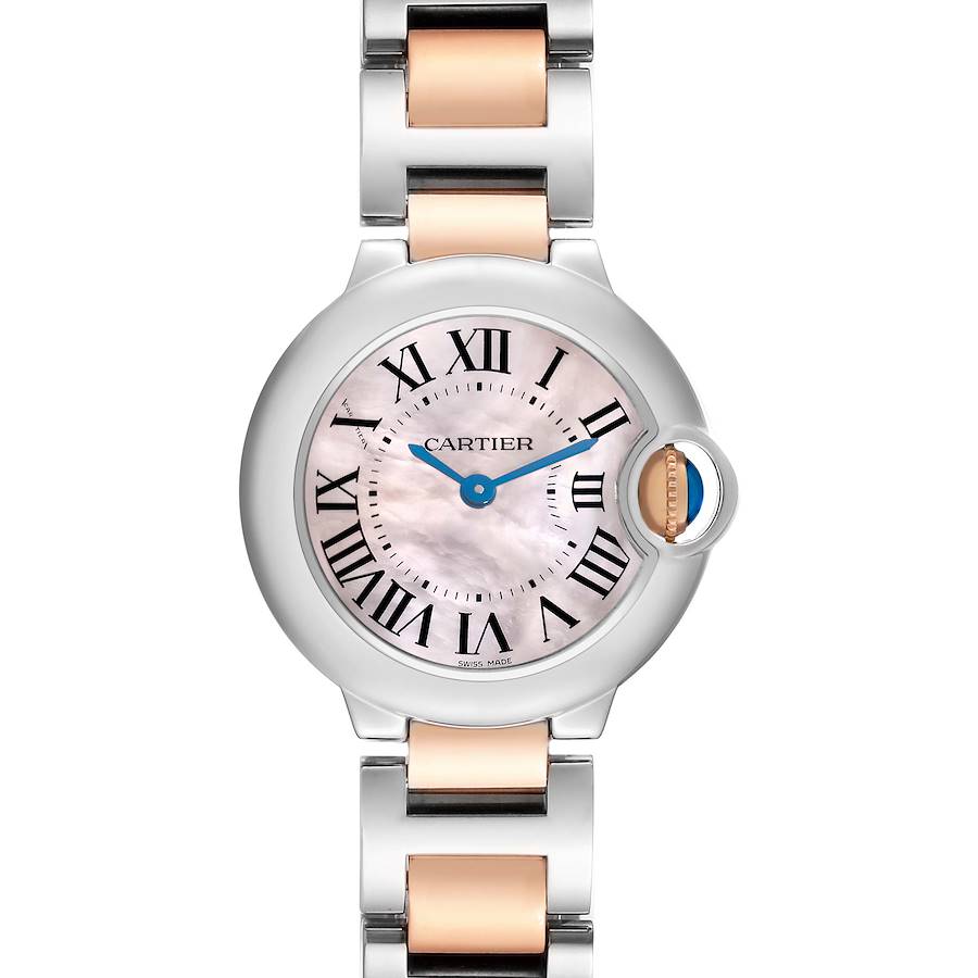 The Cartier Ballon Bleu W6920034 Women's Steel and Gold (two tone) Mother of Pearl Dial watch is shown from a top-down angle, highlighting its dial, case, and part of the bracelet.