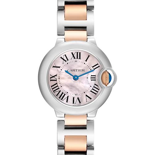 The Cartier Ballon Bleu W6920034 Women's Steel and Gold (two tone) Mother of Pearl Dial watch is shown from the front, displaying the dial, roman numerals, and part of the bracelet.