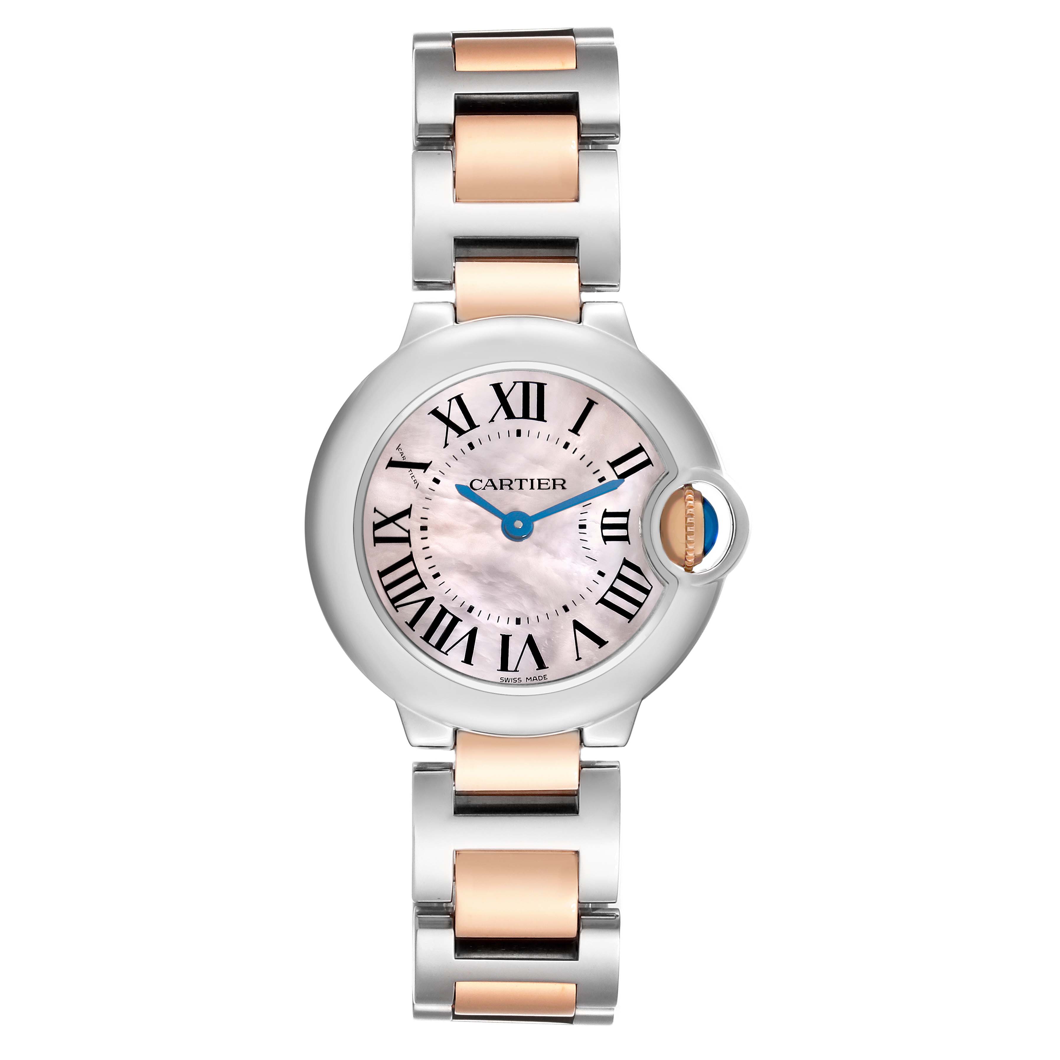 The Cartier Ballon Bleu W6920034 Women's Steel and Gold (two tone) Mother of Pearl Dial watch is shown from a top-down angle, displaying the face, Roman numerals, and two-tone bracelet.