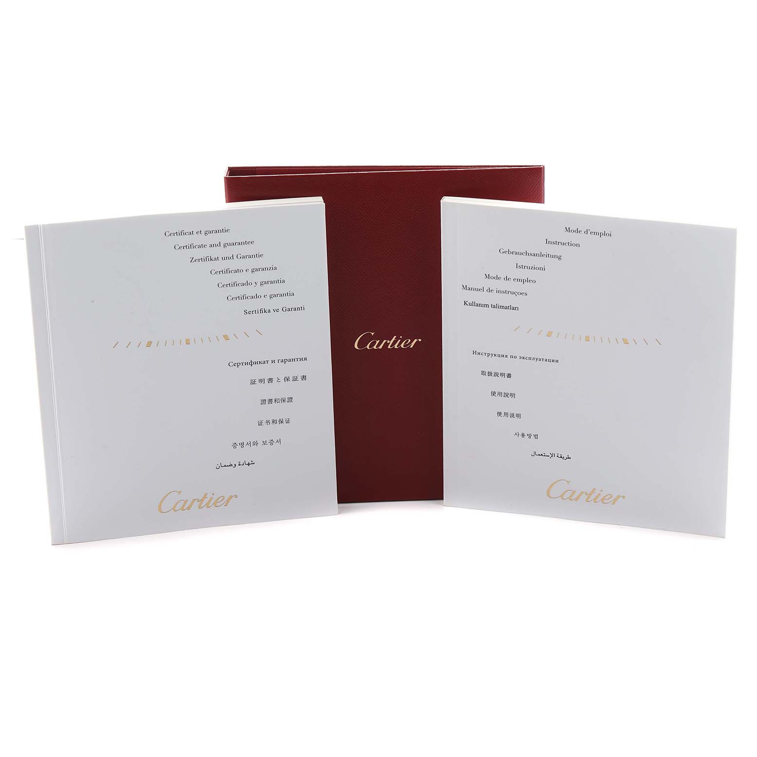 The image shows a Cartier Ballon Bleu W6920034 Women's Steel and Gold (two tone) Mother of Pearl Dial watch's guarantee certificate and instruction manual, alongside a red Cartier box.