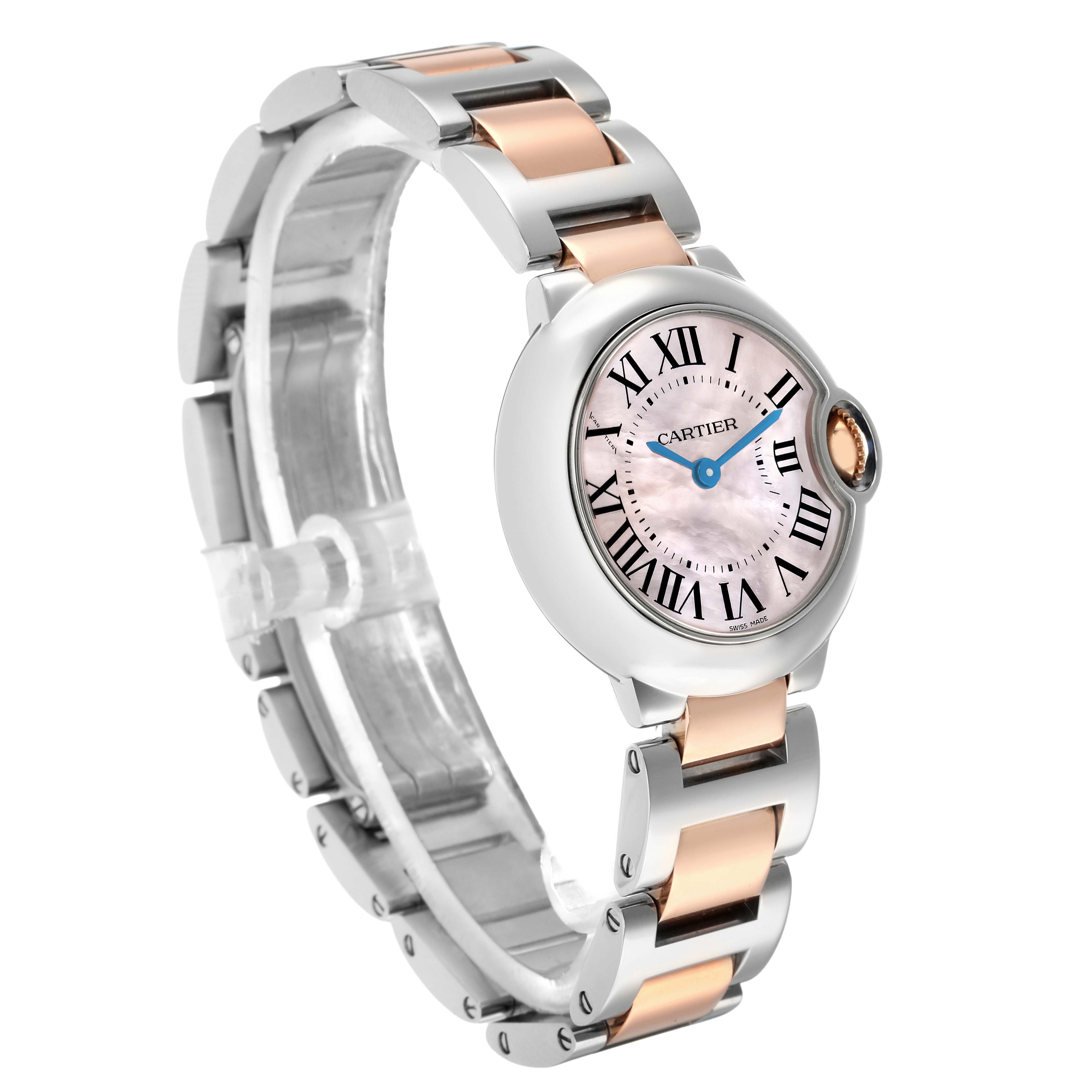 The Ballon Bleu by Cartier is shown at a three-quarter angle, displaying the face, bezel, and bracelet with its pink and silver tones.