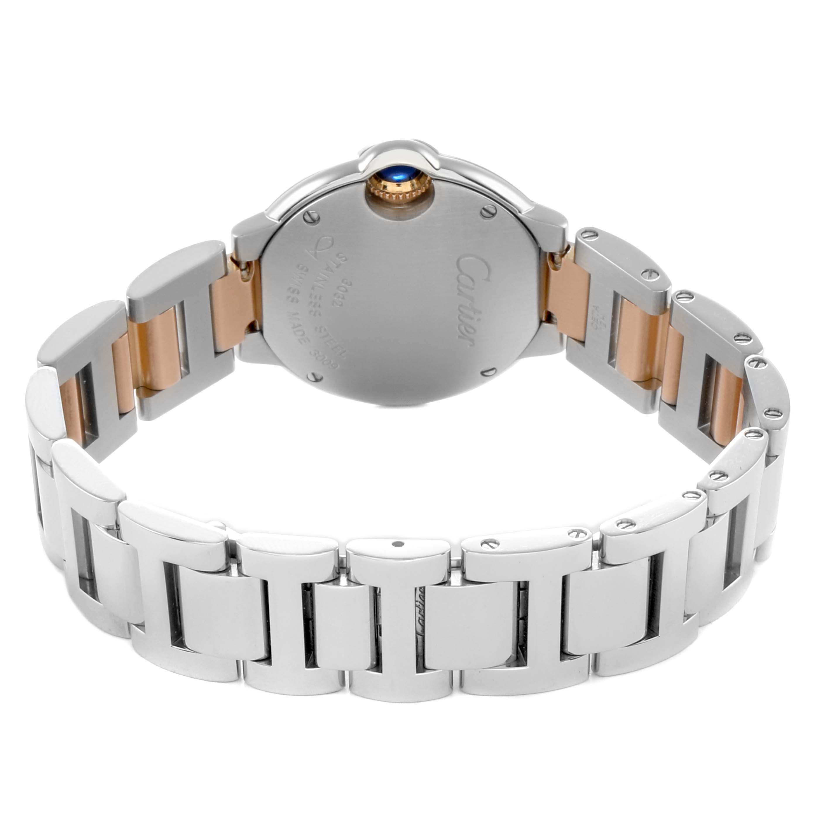 The image shows the back of a Cartier Ballon Bleu W6920034 Women's Steel and Gold (two tone) Mother of Pearl Dial watch, highlighting the bracelet and case back.