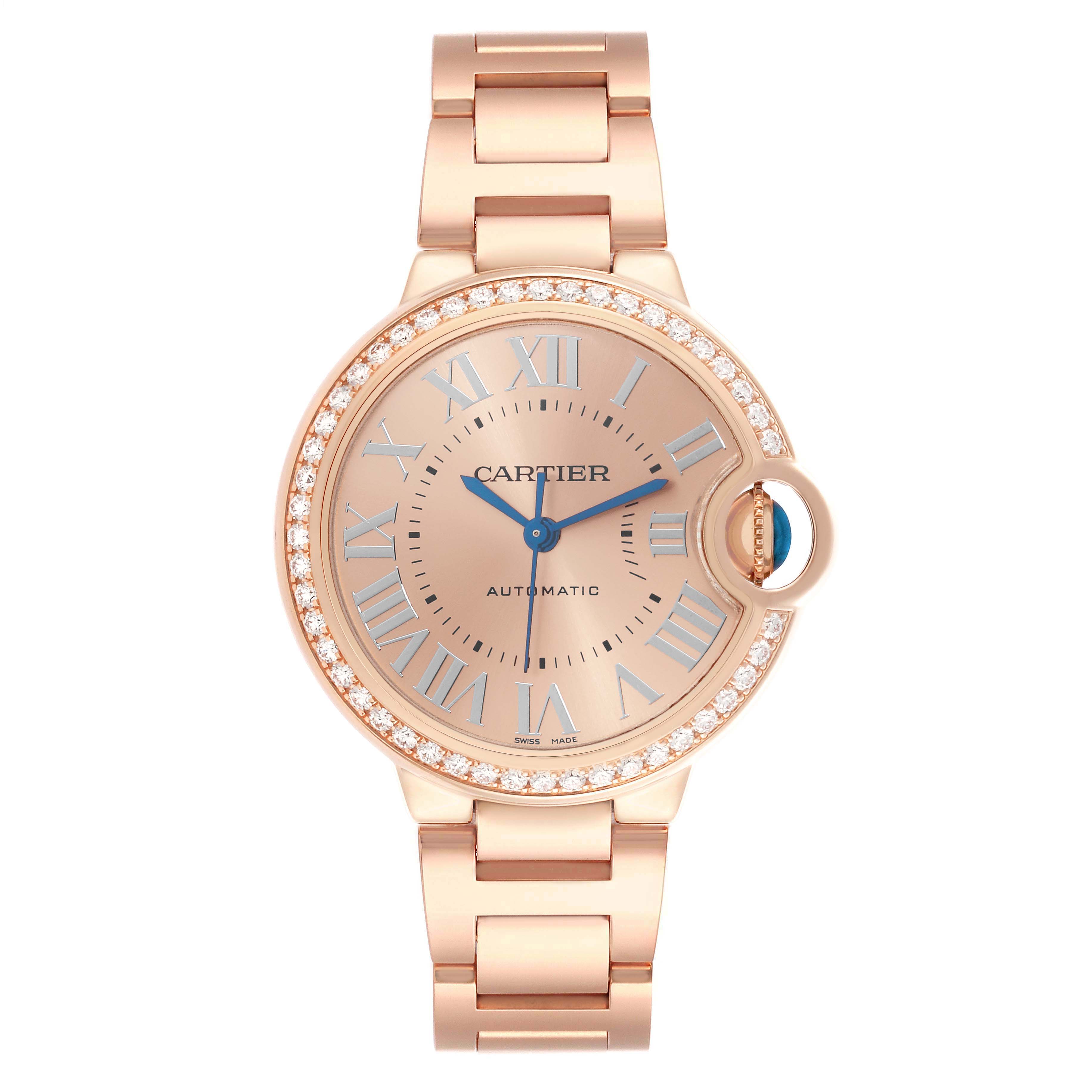 The Cartier Ballon Bleu WJBB0077 Women's Rose Gold Pink Dial watch is shown from a top-down angle, featuring the face, bezel, crown, and bracelet.