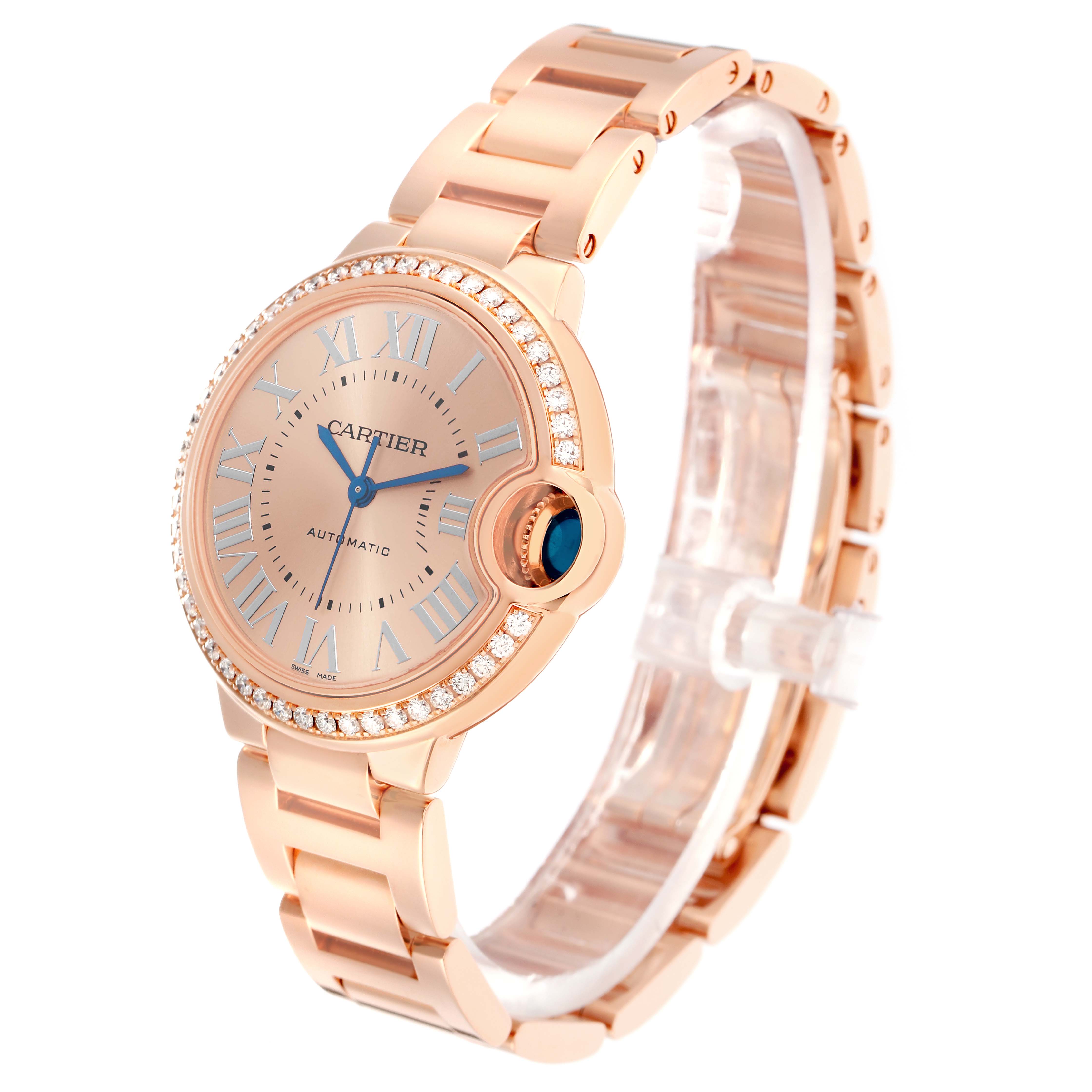 The Cartier Ballon Bleu WJBB0077 Women's Rose Gold Pink Dial watch is shown at a three-quarter angle, highlighting its round face, bezel, and bracelet.