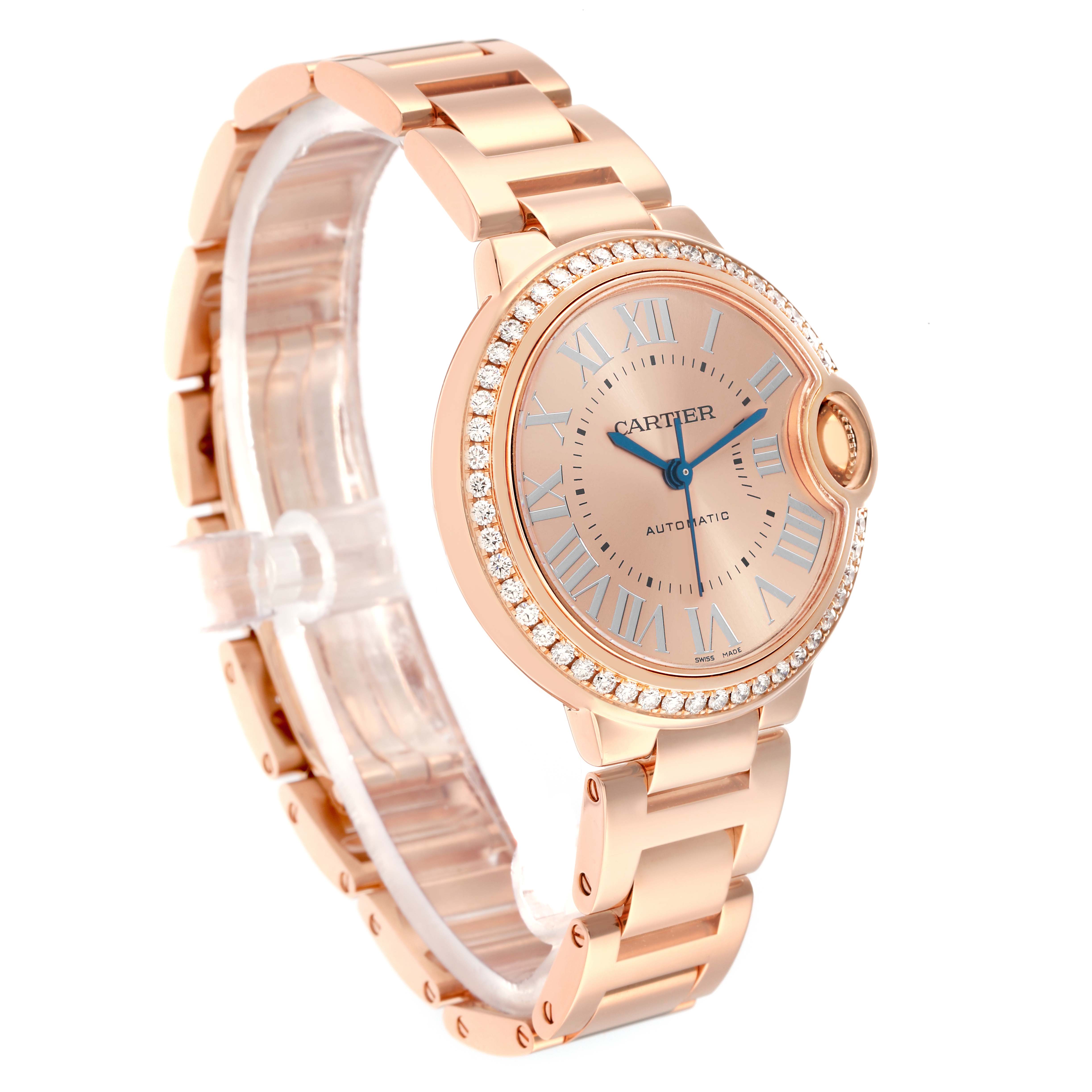 The Cartier Ballon Bleu WJBB0077 Women's Rose Gold Pink Dial watch is shown at a side angle, displaying its round face, bracelet, and crown.