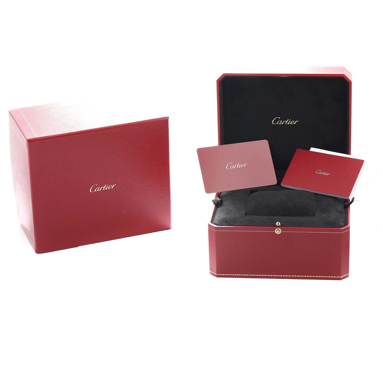 The image shows the packaging and accessories for a Cartier Ballon Bleu WJBB0077 Women's Rose Gold Pink Dial, including a red box and documentation.