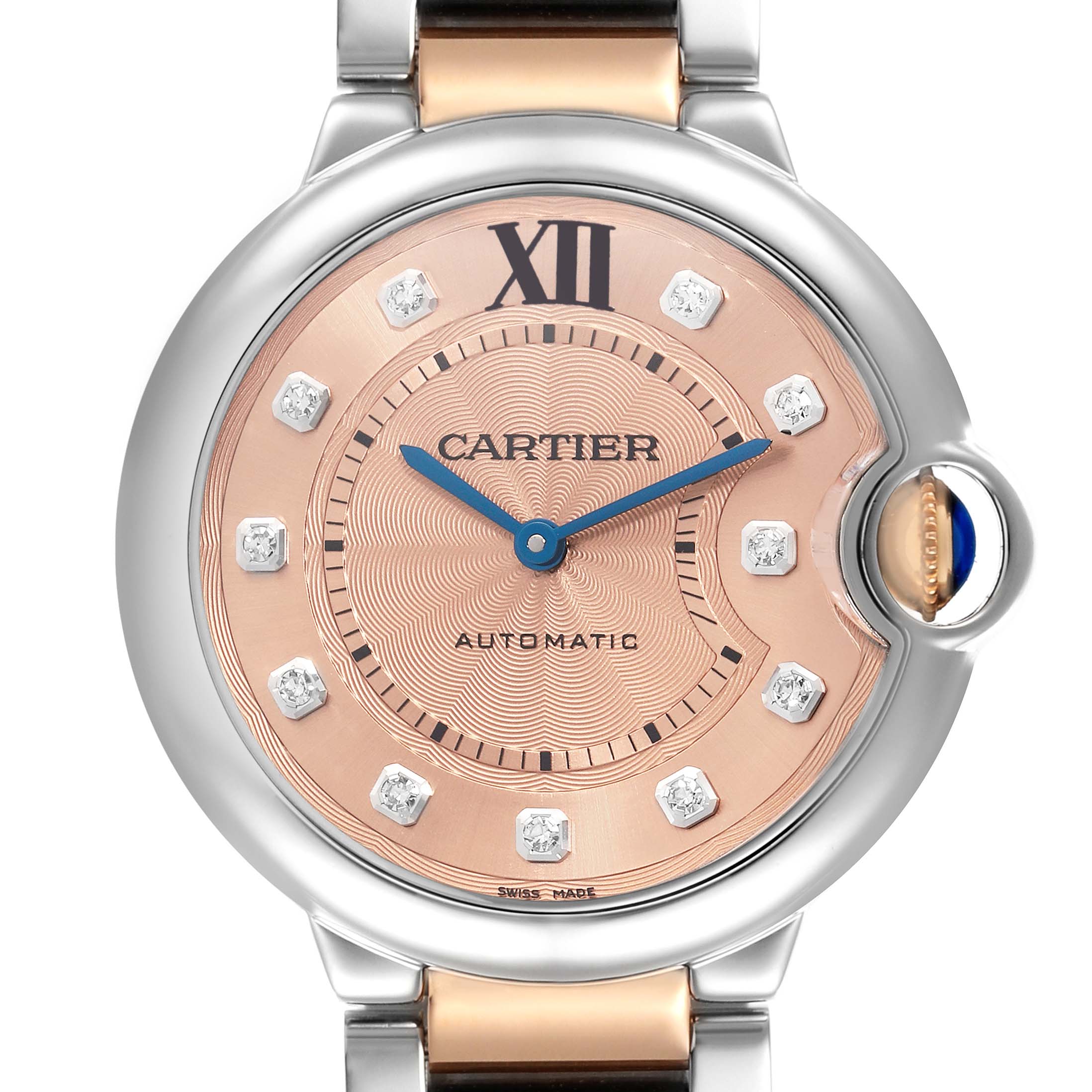 The Cartier Ballon Bleu WE902054 Women's Steel and Gold (two tone) Pink Dial watch is shown from a front angle, highlighting the dial, hands, and crown.