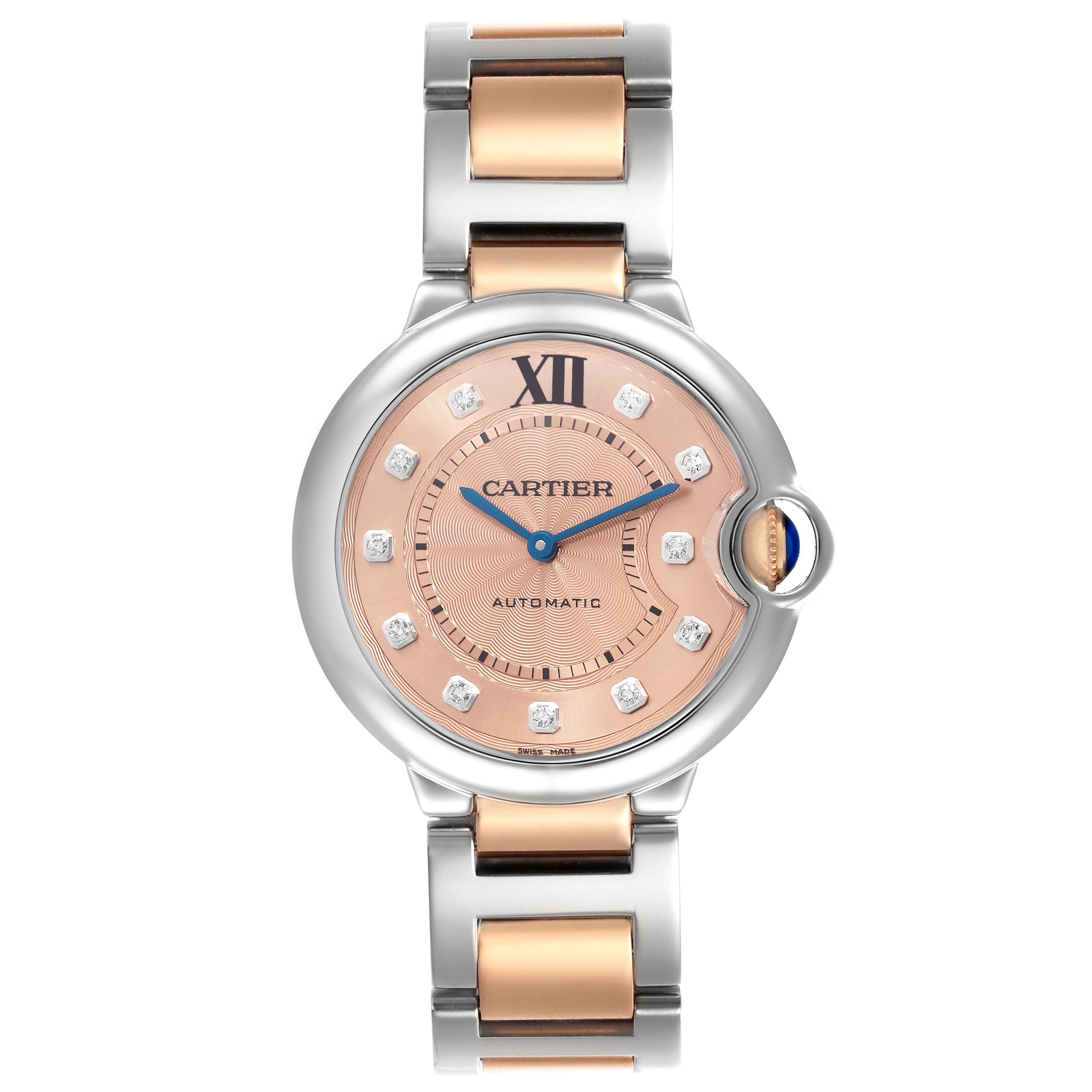 The Cartier Ballon Bleu WE902054 Women's Steel and Gold (two tone) Pink Dial watch is shown from a front view, highlighting its dial, bezel, and bracelet.
