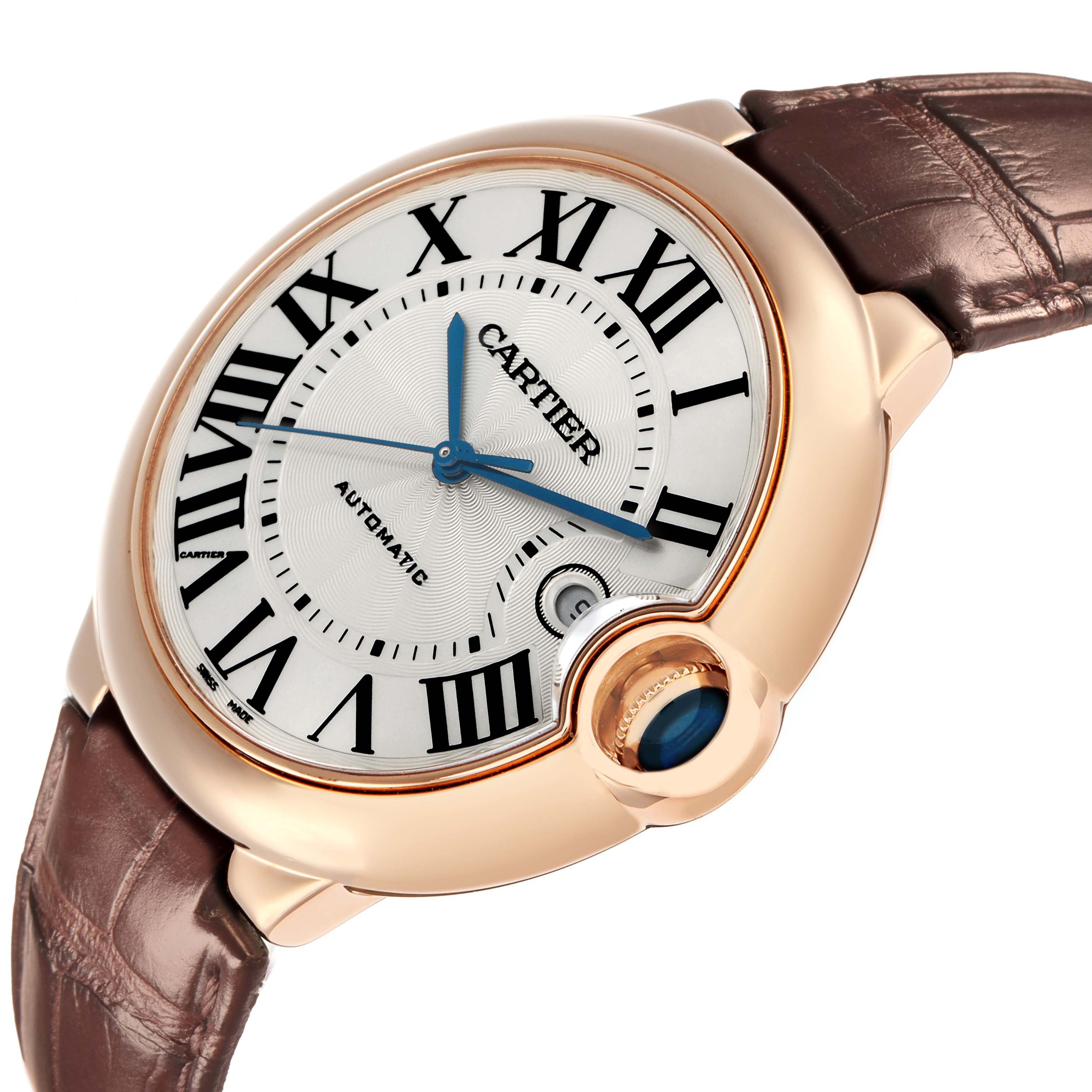 The Cartier Ballon Bleu WGBB0017 Men
s Rose Gold Silver Dial watch is shown at an angled view, highlighting the dial, Roman numerals, blue hands, and crown detail.