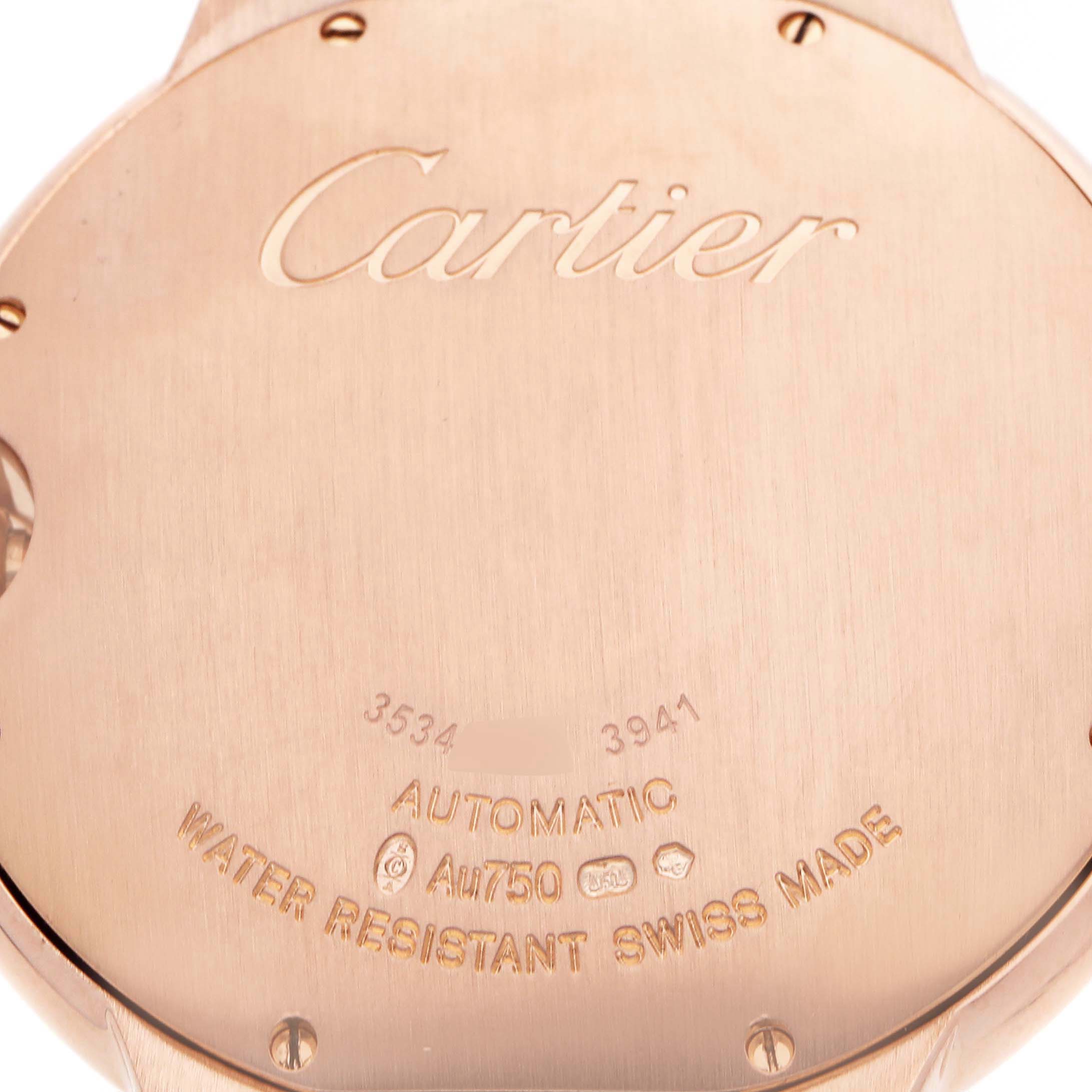 The image shows the back case of the Cartier Ballon Bleu WGBB0017 Men
s Rose Gold Silver Dial watch, highlighting engraving details and screws.