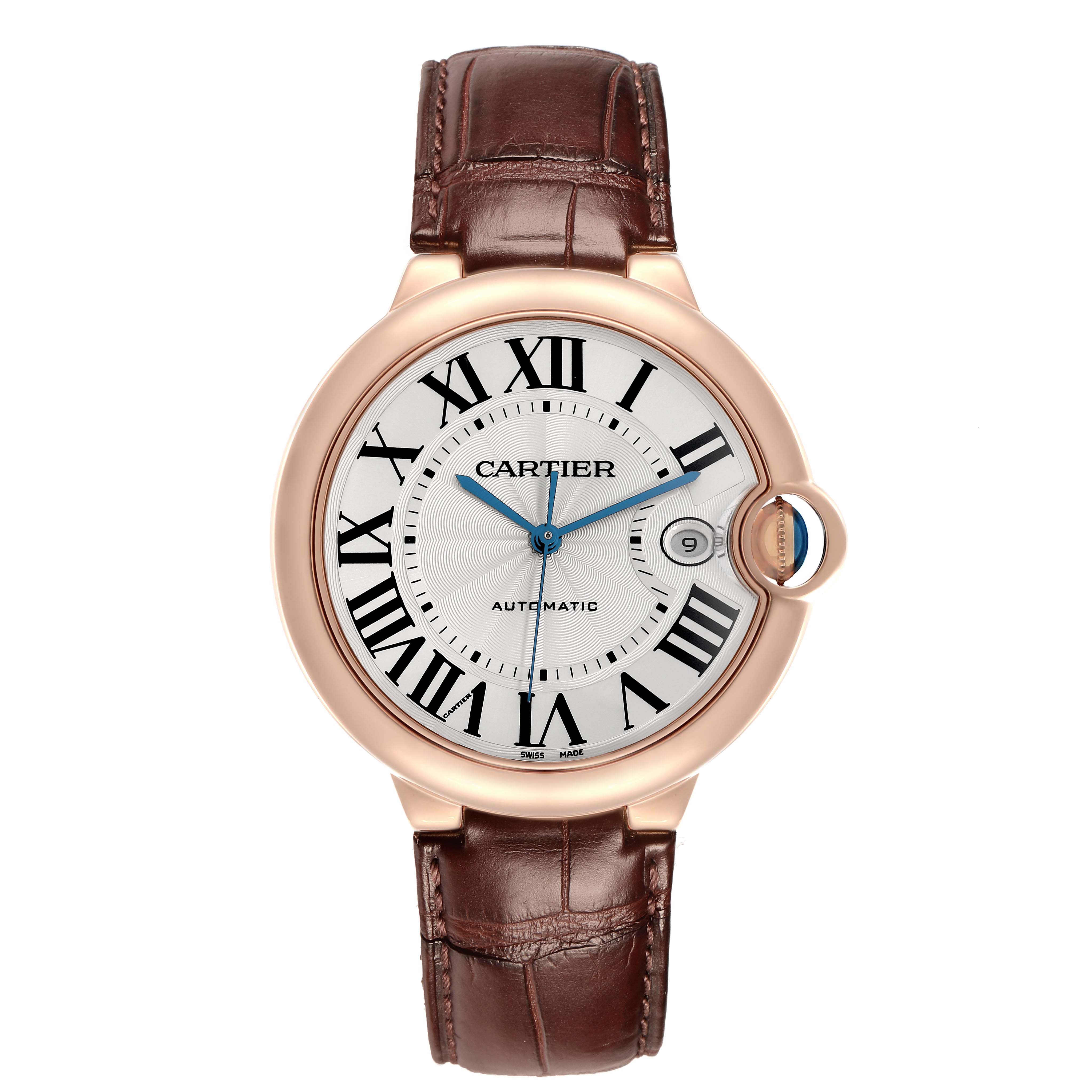 The Cartier Ballon Bleu WGBB0017 Men
s Rose Gold Silver Dial watch is shown from the front, displaying its round face, Roman numerals, and leather strap.