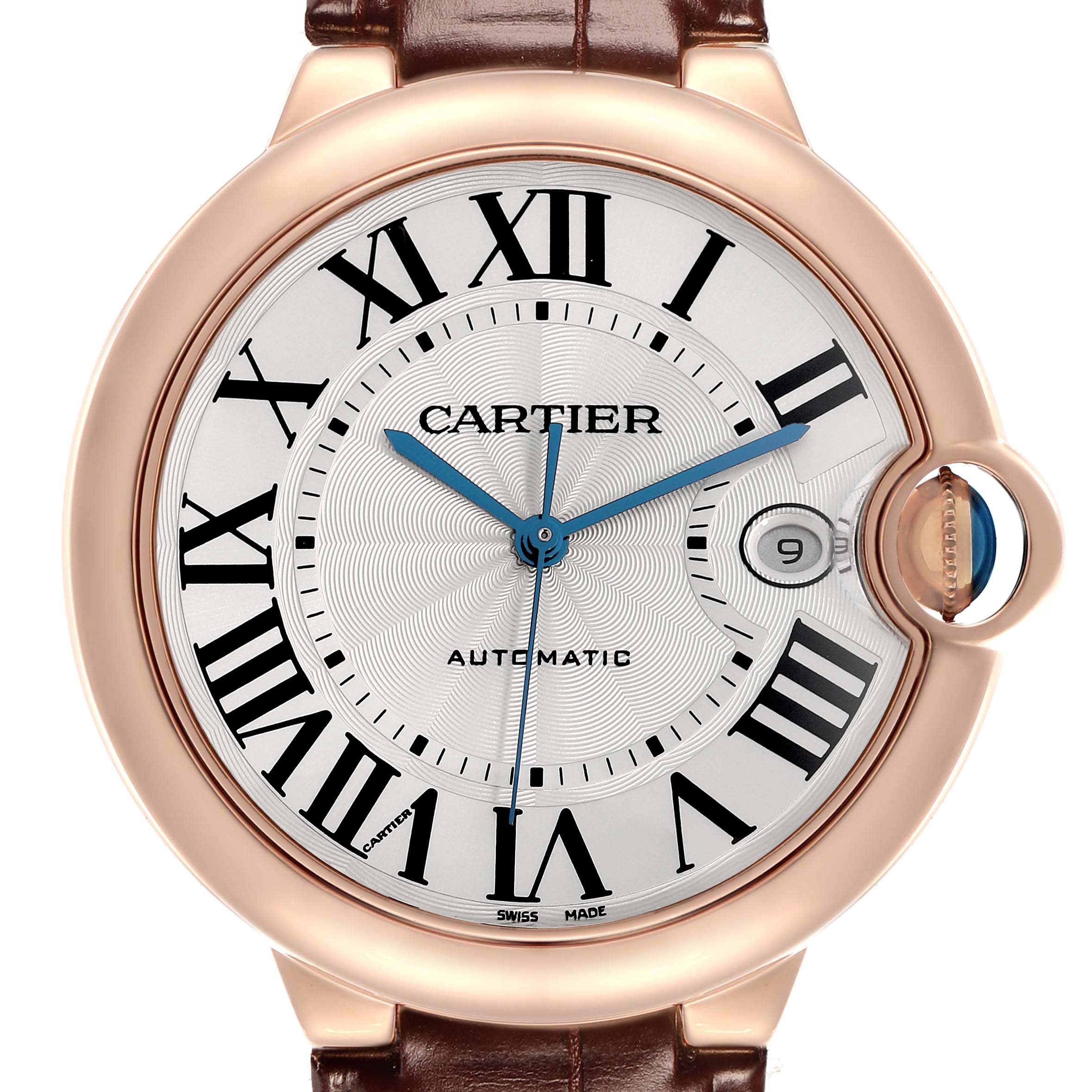 The Cartier Ballon Bleu WGBB0017 Men
s Rose Gold Silver Dial watch is shown from a front angle, displaying its dial, Roman numerals, blue hands, and the crown.