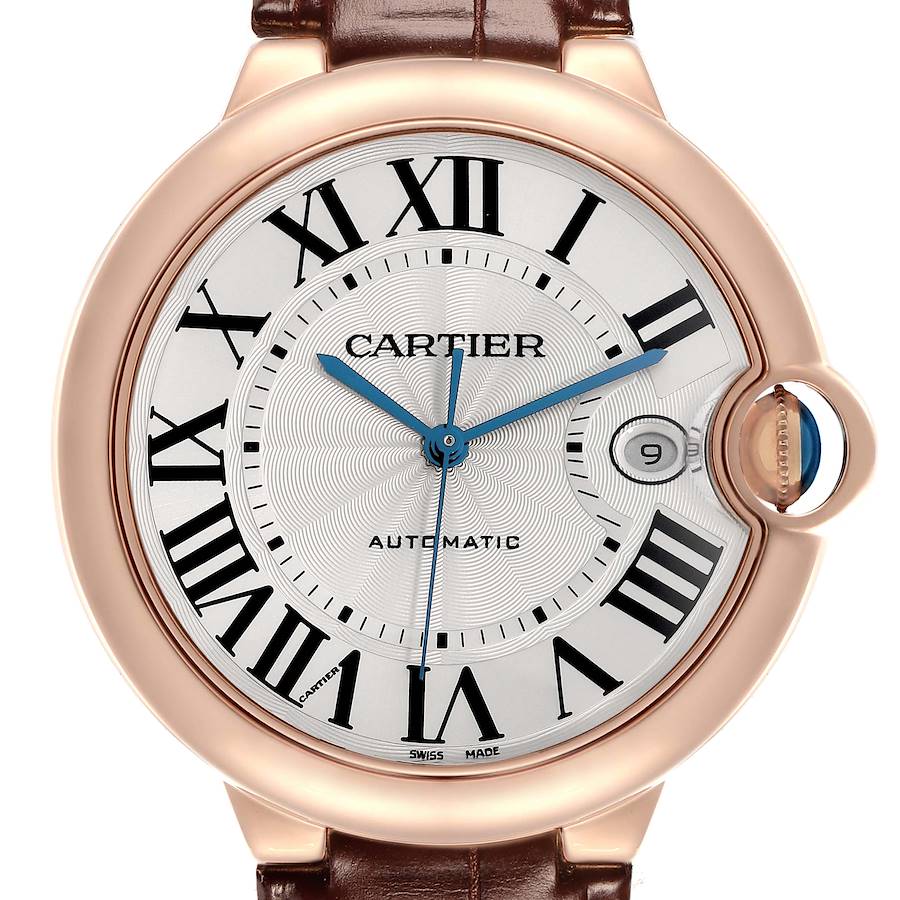 The Cartier Ballon Bleu WGBB0017 Men's Rose Gold Silver Dial watch is shown from a front angle, displaying its dial, Roman numerals, blue hands, and the crown.