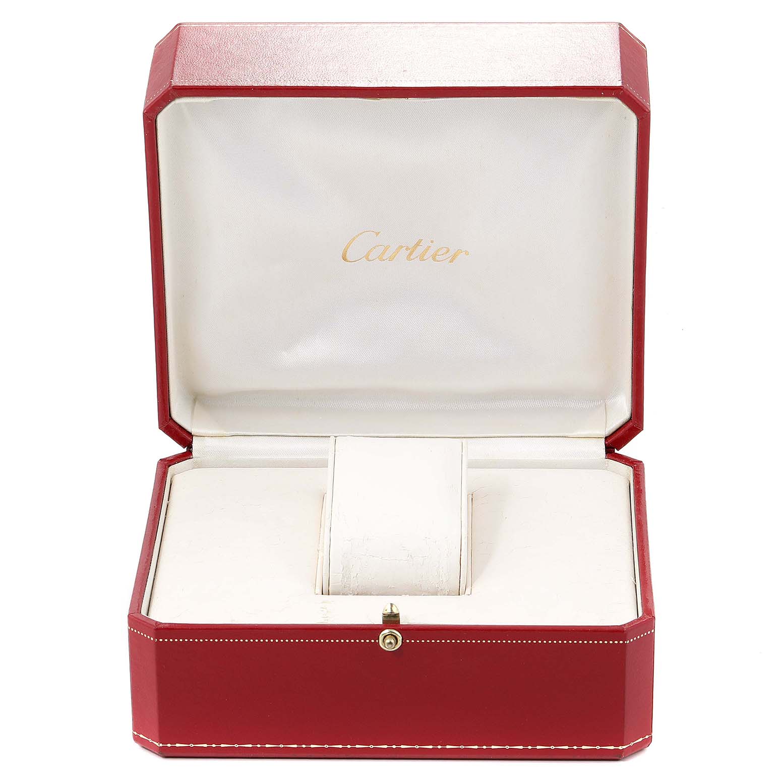 This image shows an empty Cartier Panthère model watch box in a red finish with the lid open, displaying the interior compartment.