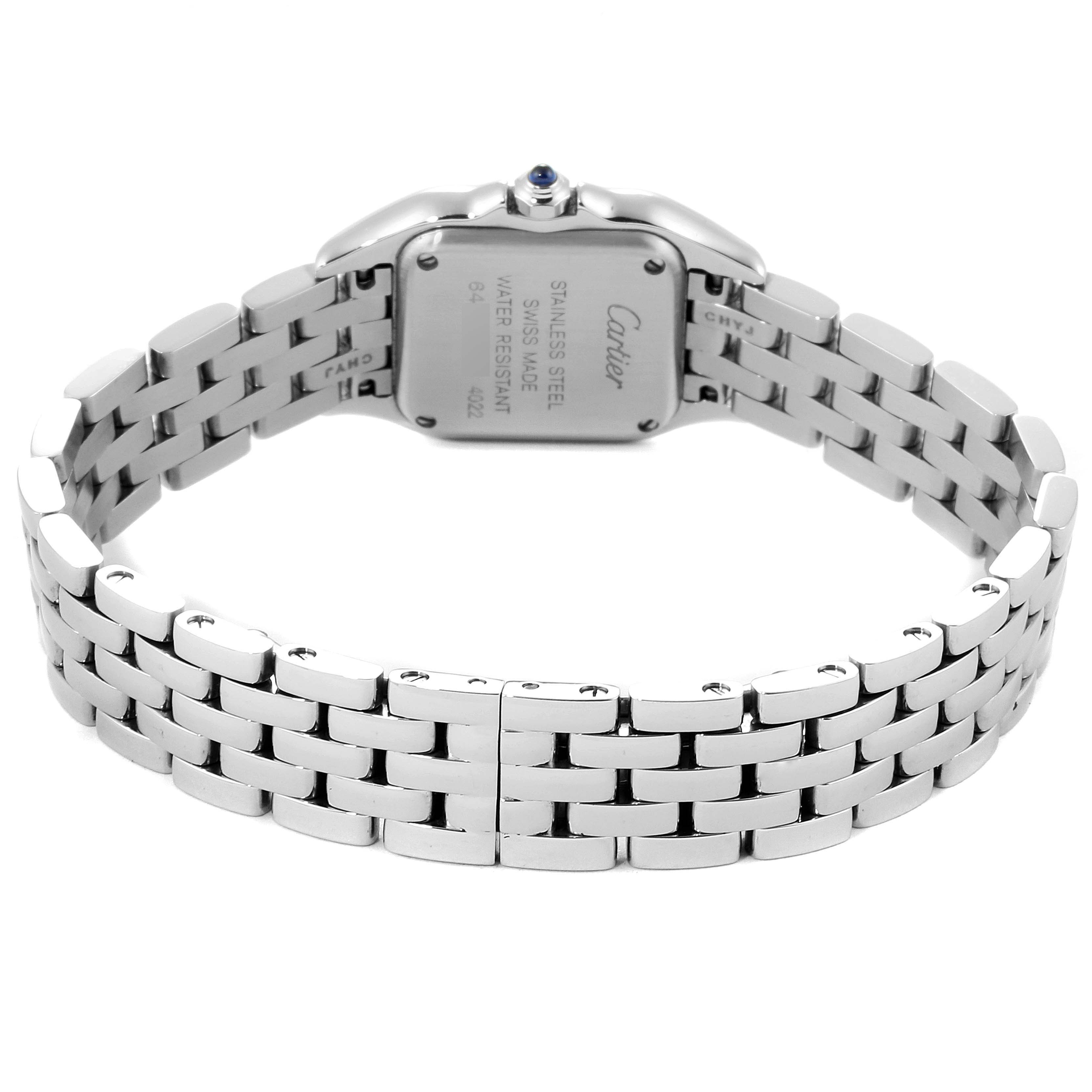 This image shows the back and bracelet of the Cartier Panthere WSPN0006 Women's Stainless Steel Silver Dial WSPN0006 Women's Stainless Steel Silver Dial watch, highlighting its stainless steel case and band.