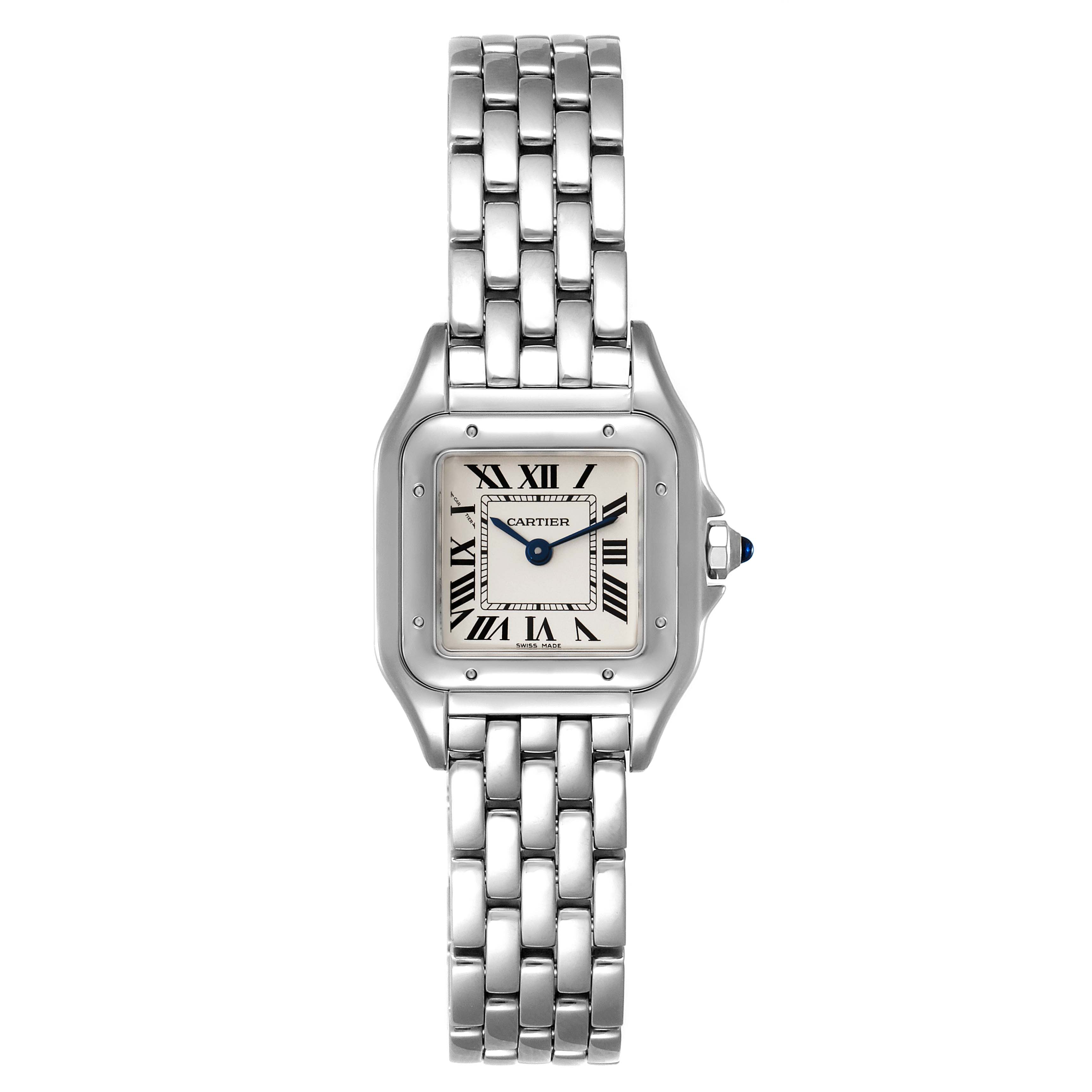 This image shows a front view of the Cartier Panthere WSPN0006 Women's Stainless Steel Silver Dial WSPN0006 Women's Stainless Steel Silver Dial watch, displaying the face, bracelet, and crown.