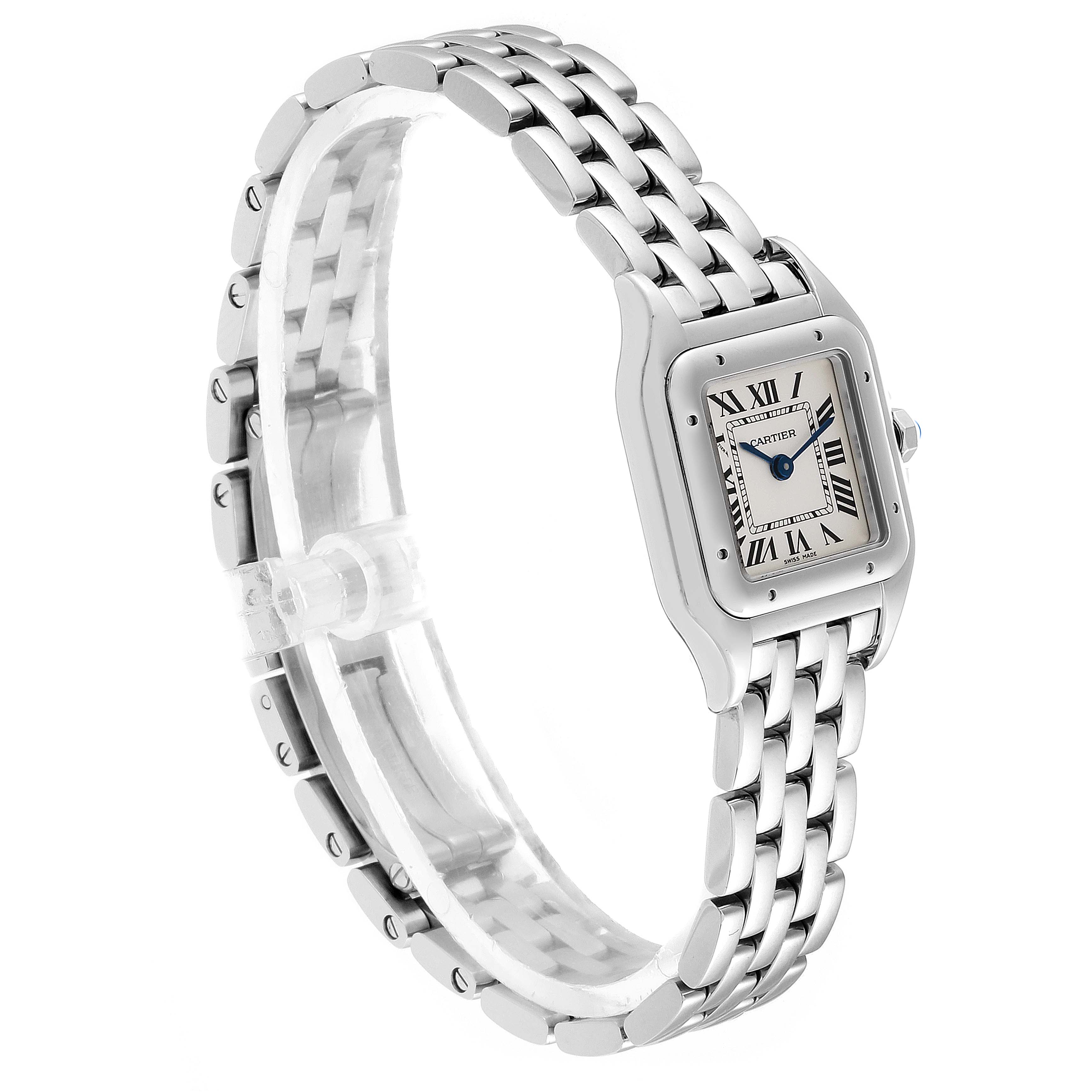 The image shows a side angle of a Cartier Panthere WSPN0006 Women's Stainless Steel Silver Dial WSPN0006 Women's Stainless Steel Silver Dial model watch, focusing on its face and metal link bracelet.